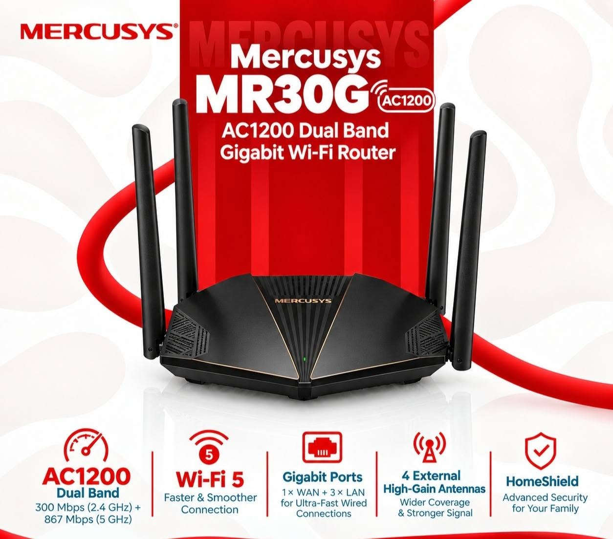 🔥 زبائننا الكرام وصلتنا وجبة جديدة من راوترات MERCUSYS 🔥
 
* 📡 **MW330HP** — 300Mbps
* 📡 **AC12** — AC1200
* 📡 **AC12G** — AC1300 Gigabit
* 📡 **MR30G** — AC1200 Gigabit
* 📡 MR50G** — AC1900 Gigabit
* 🚀 MR80X** — AX3000 Wi-Fi 6
* 🚀 E85X** — Wi-Fi 6
* ⚡ E27BE** — Wi-Fi 7

💻 خيارات متعددة للبيت، المكتب، والألعاب والبث، وبمواصفات تناسب مختلف احتياجات الشبكة.

📩 للاستفسار عن الأسعار والتوفر:
راسلونا على الصفحة أو عبر واتساب 📱
كميات محدودة

واتساب:
📞 + *********** 

🔥 **MERCUSYS — اتصال أقوى، سرعة أفضل، وتغطية أوسع**

نص مكتوب في الصور:
- MERCUSYS Halo E85X Wi-Fi 6 AX3000 Whole Home Mesh Wi-Fi 6 System 2-PACK AX3000 Dual Band Wi-Fi 6 2402 Mbps (5 GHz) + 574 Mbps (2.4 GHz) Whole Home Mesh Coverage Seamless Roaming Wi-Fi 6 Wi-Fi 6 Higher Speed Lower Latency Connect More Devices Up to 150+ Devices HomeShield Advanced Security for Your Family
- MERCUSYS Halo E27BE Wi-Fi 7 BE3600 Whole Home Mesh Wi-Fi 7 System 2 - PACK MERCUSYS BE3600 Dual Band Wi-Fi 7 2880 Mbps (5 GHz) + 688 Mbps (2.4 GHz) Wi-Fi 7 Powerful Wi-Fi 7 Blazing-Fast 3.6 Gbps Speed 2.5G 2.5G Ports Ultra-Fast Wired Connections Whole Home Mesh Coverage Seamless Roaming HomeShield Advanced Security for Your Family
- MERCUSYS Mercusys MR30G AC1200 AC1200 Dual Band Gigabit Wi-Fi Router AC1200 Dual Band 300 Mbps (2.4 GHz) + 867 Mbps (5 GHz) Wi-Fi 5 Faster & Smoother Connection Gigabit Ports 1 x WAN + 3 x LAN for Ultra-Fast Wired Connections 4 External High-Gain Antennas Wider Coverage & Stronger Signal HomeShield Advanced Security for Your Family
- MERCUSYS Mercusys MW330HP 300Mbps 300Mbps High Power Wireless N Router 7dBi High Gain Antennas 300Mbps High Speed Ideal for HD Streaming & Online Gaming Wi-Fi 4 Stable 2.4GHz Connection 3 x 7dBi High Gain Antennas Wider Coverage & Stronger Signal 4 x 10/100 Mbps LAN Ports for Wired Connections Parental Controls Keep Your Family Safe Online
- MERCUSYS Mercusys AC12G AC1300 AC1300 Dual Band Gigabit Router AC1300 Dual Band 867 Mbps (5 GHz) + 400 Mbps (2.4 GHz) Wi-Fi 5 Faster & Smoother Connection 4 x Gigabit Ports 1x WAN + 3x LAN for Ultra-Fast Wired Connections 4 External High-Gain Antennas Wider Coverage & Stronger Signal HomeShield Advanced Security for Your Family