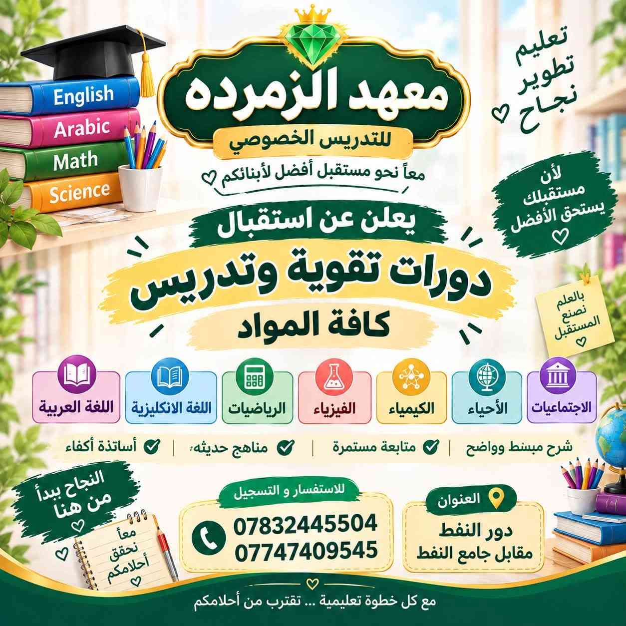 لا توجد تفاصيل

نص مكتوب في الصور:
- معاً .. نصنع مستقبلاً أجمل ♡ مركز الزمردة للتدريس الخصوصي Learn Today Build Your Tomorrow English Language دورات للغة الأنكليدية ولأول مرة تدريس اللغة الفرنسية لجميع المراحل الدراسية لمدارس الاهلية والمتميزين Apprendre le français c'est ouvrir une porte sur le monde ♡ اللغة الإنكليزية من الأساس إلى الاحتراف اللغة الفرنسية من الصفر حتى الإتقان جميع المراحل الدراسية الابتدائية المتوسطة الإعدادية المتميزين كادر تدريسي متخصص أساليب تدريس حديثة وممتعة متابعة مستمرة لمستوى الطالب تطوير مهارات الاستماع والمحادثة تهيئة للامتحانات والاختبارات Good Students Bright Future ♡ English + Français + Dream Big - ♡ العنوان دور النفط مقابل مسجد النفط *********** *********** Bonjour Hello ♡ لأن لغات العالم تفتح لك آفاقاً أوسع +
- English Arabic Math Science تعليم تطوير نجاح ♥ لأن مستقبلك يستحق الأفضل ♥ بالعلم نصنع المستقبل ♥ معهد الزمردة للتدريس الخصوصي معاً نحو مستقبل أفضل لأبنائكم ♥ يعلن عن استقبال دورات تقوية وتدريس كافة المواد الاجتماعيات الأحياء الكيمياء الفيزياء الرياضيات اللغة الانكليزية اللغة العربية شرح مبسط وواضح | متابعة مستمرة | مناهج حديثه | أساتذة أكفاء النجاح يبدأ من هنا ♥ معاً نحقق أحلامكم للاستفسار و التسجيل *********** *********** العنوان دور النفط مقابل جامع النفط مع كل خطوة تعليمية ... تقترب من أحلامكم
- تعليم جودة اهتمام بكل طالب مركز الزمردة للتدريس الخصوصي معنا .. طريقك نحو مستقبل أفضل Let's Speak English Listening Speaking Reading Writing دورات محادثة للغة الانكليزية تعليم الكتابة والقراءة من الصفر عربي - انكليزي تدريس كافة المواد من الاول ابتدائي الى السادس الاعدادي العلوم الرياضيات اللغة الانكليزية اللغة العربية الاجتماعيات الأحياء الكيمياء الفيزياء ✓ أساتذة أكفاء ومختصين ✓ شرح مبسط وسقل ✓ متابعة مستمرة للطلاب ✓ الاهتمام بمستوى كل طالب ✓ أجواء تعليمية مريحة ومحفزة ✓ تحقيق أفضل النتائج للاستفسار والتسجيل *********** *********** العنوان دور النفط مقابل مسجد النفط مستقبلك يبدأ من هنا Better Future