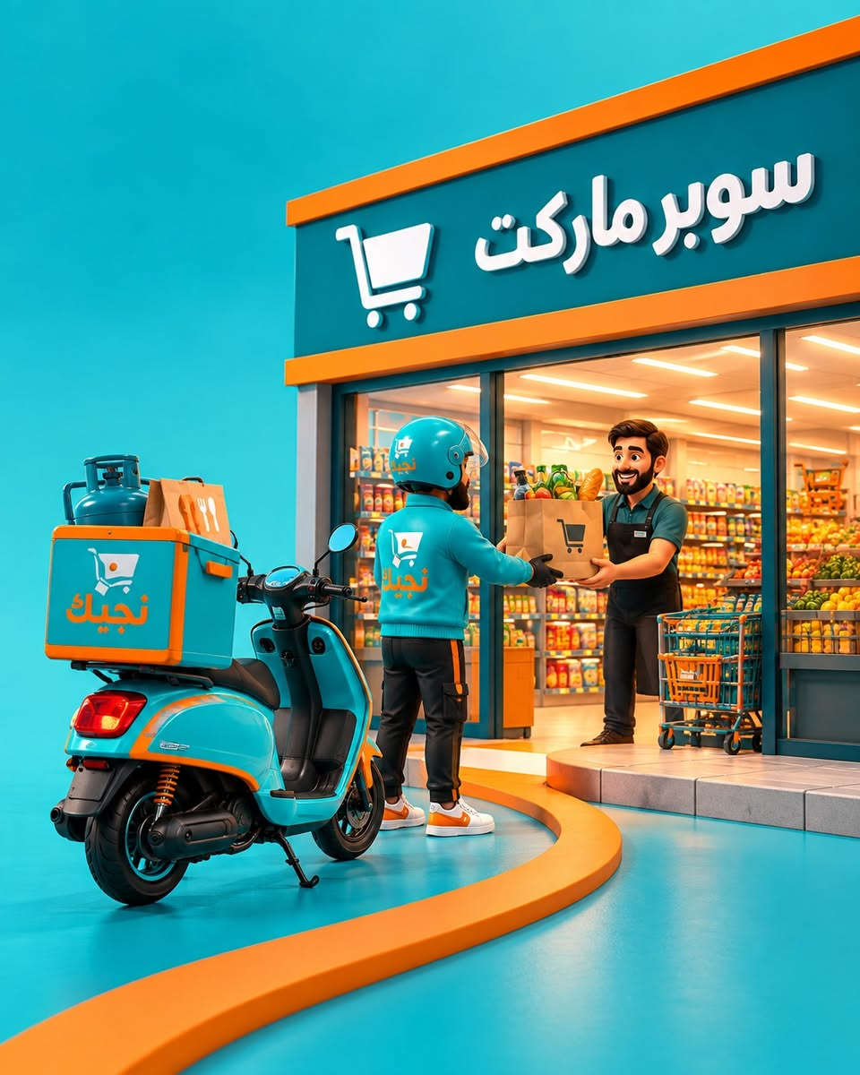 ليش تحتاج أكثر من مندوب؟ 🤔

من المطعم، للغاز، للماركت…
مندوب واحد يلمّها إلك ويوصلها لباب بيتك. 🛵

طلبات مختلفة، أما التوصيل؟
نجيك. 🧡

نص مكتوب في الصور:
- نجيك ليش تحتاج أكثر من مندوب؟ مطعم محل الغاز سوبر ماركت نجيك نجيك