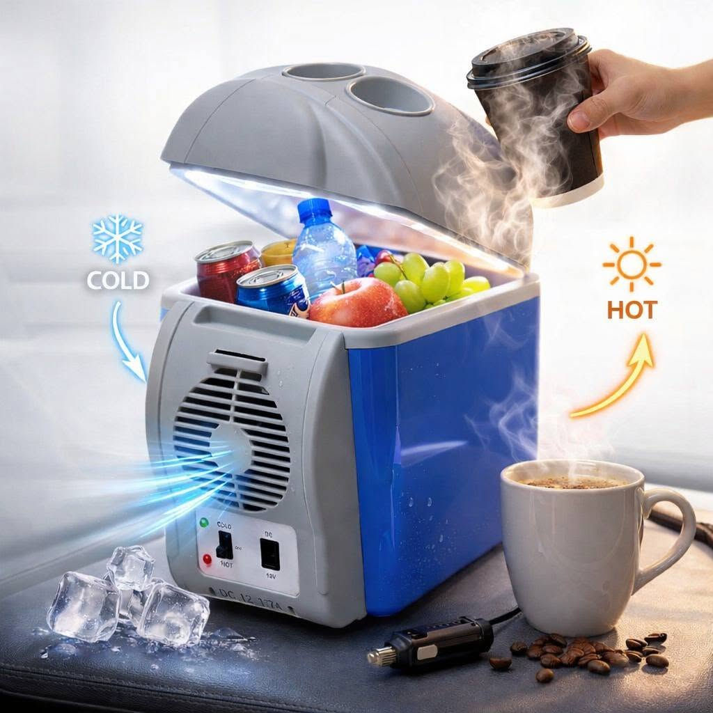 ثلاجة سيارة محمولة 7.5 لتر للتبريد والتسخين – Portable Electronic Car Refrigerator

ثلاجة سيارة إلكترونية محمولة بسعة 7.5 لتر مصممة للاستخدام أثناء السفر والرحلات، تعمل عبر مقبس ولاعة السيارة DC 12V وتوفر وظيفتين: تبريد المشروبات أو تسخين الطعام حسب الحاجة.

• وظيفة تبريد وتسخين
يمكن تشغيلها على وضع COLD للتبريد أو HOT للتسخين عبر المفتاح المخصص.

• تعمل على كهرباء السيارة 12V
يتم توصيلها مباشرة بمقبس ولاعة السيارة باستخدام القابس المرفق.

• مؤشرات ضوئية للحالة
يظهر ضوء أخضر عند التبريد وضوء أحمر عند التسخين لمعرفة وضع التشغيل.

• تصميم محمول وخفيف
خفيف الوزن وسهل الحمل ومناسب للاستخدام أثناء السفر والتنقل.

• استخدامات متعددة أثناء الرحلات
مناسب للرحلات، التخييم، السفر بالسيارة، لسائقي التاكسي، الصيد، وحفظ بعض المنتجات مثل المشروبات أو الحليب أو مستحضرات التجميل.

• تقنية تبريد شبه موصل (Semiconductor)
مذكور في الدليل أنه يعمل بتقنية أشباه الموصلات بدون ضاغط أو غاز تبريد.

• نوع المنتج: ثلاجة سيارة إلكترونية محمولة
• السعة: 7.5 لتر
• الوظائف: تبريد / تسخين
• مصدر الطاقة: DC 12V
• طريقة التشغيل: مقبس ولاعة السيارة
• مؤشرات التشغيل:
 • ضوء أخضر للتبريد
 • ضوء أحمر للتسخين
• تقنية التشغيل: Semiconductor (بدون كمبروسر)
• الاستخدام: داخل السيارة أثناء التشغيل

محتويات العلبة:
• ثلاجة سيارة إلكترونية محمولة 7.5 لتر
• كابل طاقة مع قابس ولاعة السيارة (DC Plug)
• دليل الاستخدام (Manual)
للحجز او الاسستفار مراسله الصفحه

نص مكتوب في الصور:
- COLD HOT