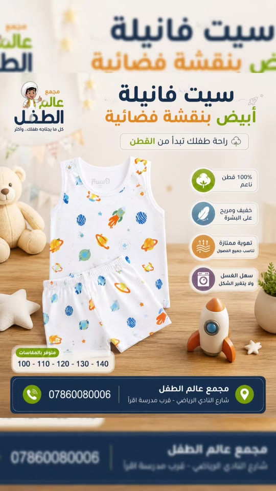 🚀✨ سيت فانيلة أطفال بنقشة فضائية مميزة ✨🚀 طقم لطيف ومريح لطفلك، بتصميم مرح وألوان جميلة تخليه مميز بكل إطلالة 🤍💙 ☁️ قطن ناعم ومريح 🌿 خفيف على البشرة 🌬️ تهوية جيدة وراحة بالحركة 🧺 سهل الغسل والعناية 📏 المقاسات: 100 – 110 – 120 – 130 – 140 📍 مجمع عالم الطفل شارع النادي الرياضي – قرب مدرسة اقرأ 📞 ***********
