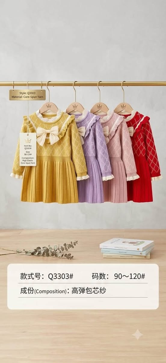 دەرزەنی ٦٥ هه زار دە رزەنی تێکە ڵ ***********

نص مكتوب في الصور:
- STYLE NO: Q3309 # SIZES: 90~120# FABRIC: High-elastic core-spun yarn 高弹包芯纱
- Style: Q3303
- Material: Core-Spun Yarn
- 款式号: Q3303# 码数: 90~120#
- 成份(Composition): 高弹包芯纱
- 款号: Q3311 # 码数: 80~100#
- 成份: 高弹包芯纱
- Hand-finished quality.
- Petit Coeur Boutique Premium Core-Spun Pearl Knit Elegant Ruffle and Bead Trim Model No.: Q3312 Available Sizes: 90cm ~ 120cm Fabric: High-Elastic Core-Spun Yarn Features: Heart Bead Embroidery, Ruffle Neck
- 款号: Q3314#  码数: 90~120#
- 款号：Q3308 # 码数：90~120#
- 成份：高弹包芯纱
- Style No.: Q3308 #
- Size Range: 90~120#
- Composition:
- High-Elasticity
- Core-Spun Yarn
- FEATURE HIGHLIGHTS:
- Ultra-Soft Knit Fabric
- Ruffle Apron Detail
- Charming Floral Applique
- Durable Core-Spun Yarn
- (کۆمەڵەی جلوبەرگی مندالان - ستايلی Q3308)