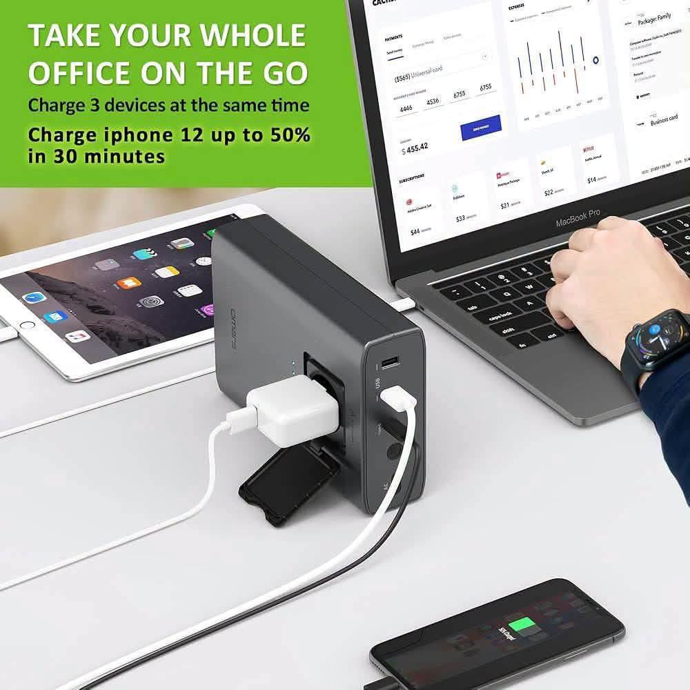 بور بنك ومخرج كهرباء الحجز خاص او واتساب ***********

نص مكتوب في الصور:
- 90W AC & 18W PD & USB A CHARGING Compatible with most AC based devices and USB devices, more than a power bank Do not charge device more than 90W with AC outlet
- VERSATILE POWER STATION LED Power Status Display AC Outlet 230V 50Hz 90W USB USB A Output 5V 4.2A 21W (2.4A Max Per Port) Type C Input/ Output Port PD 18W Power Button AC AC Output Button with LED Indicator Light
- 24000MAH 88.8WH HIGH CAPACITY
- Camera
- 15 times
- Tablets
- 1-2 times
- Smartphones
- 4-9 times
- USB light
- 20 hours
- Drone
- 1+ times
- Laptop 45W
- 1 time
- USB Trickle Charge Mode Small current output to charge devices lower than 100mA such as bluetooth headset box, smart watch. Long press the power button for 3 seconds to switch to the small current mode Other Devices Trickle output <100mA
- TAKE YOUR WHOLE OFFICE ON THE GO
- Charge 3 devices at the same time
- Charge iphone 12 up to 50%
- in 30 minutes
- AUTOMATIC SECURITY PROTECTION, NO HARM TO YOUR DEVICES Overcurrent Protection Short Circuit Protection Temperature Protection OverDischarge Protection