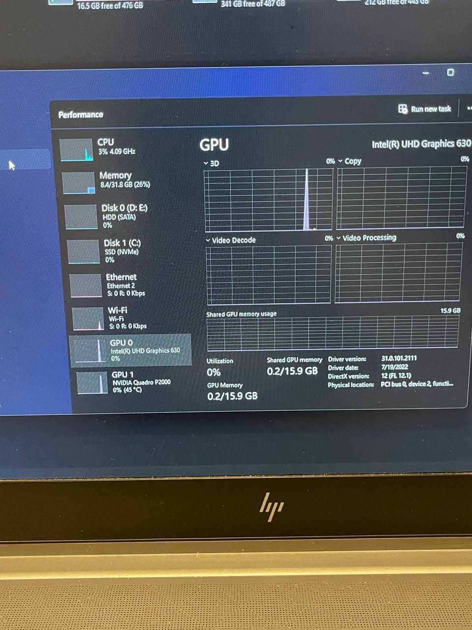 للبيع hp z book
i7 8th 
Gpu p2000 4g
Ram 32g
Ssd 512
Hdd 1t
بيها طكع بالشاشة مماثرة على الاستخدام 
مكان بغداد دورة 
*********** 
525الف

نص مكتوب في الصور:
- 16.5 GB free of 476 GB 341 GB free of 487 GB 212 GB free of 445 GB Run new task Performance CPU 3% 4.09 GHz Memory 8.4/31.8 GB (26%) Disk 0 (D: E:) HDD (SATA) 0% Disk 1 (C:) SSD (NVMe) 0% Ethernet Ethernet 2 S: 0 R: 0 Kbps Wi-Fi Wi-Fi S: 0 R: 0 Kbps GPU 0 Intel(R) UHD Graphics 630 0% GPU 1 NVIDIA Quadro P2000 0% (45 °C) GPU Intel(R) UHD Graphics 630 3D 0% Copy 0% Video Decode 0% Video Processing 0% Shared GPU memory usage 15.9 GB Utilization 0% Shared GPU memory 0.2/15.9 GB Driver version: 31.0.101.2111 Driver date: 7/19/2022 DirectX version: 12 (FL 12.1) Physical location: PCI bus 0, device 2, functi... GPU Memory 0.2/15.9 GB