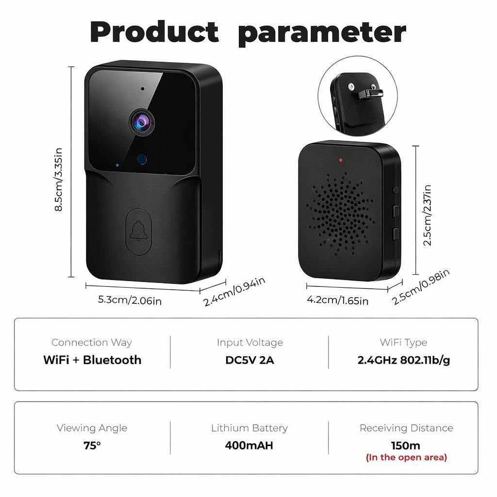 جرس الباب الذكي اللاسلكي المصغر (Mini Doorbell) المزود بكاميرا مدمجة.يأتي هذا الجهاز في علبة بيضاء تحتوي على قطعتين أساسيتين:القطعة الخارجية (الجرس): تحتوي على كاميرا مدمجة لالتقاط صور وفيديوهات للزوار، بالإضافة إلى زر الجرس.القطعة الداخلية (المستقبل/المكبر): يتم وضعها داخل المنزل لإصدار صوت التنبيه عند ضغط أحد الزوار على الزر الخارجي.أبرز مواصفات ومميزات الجهاز:الاتصال بالواي فاي (WiFi): يتيح لك ربط الجرس بتطبيق خاص على الهاتف المحمول لتلقي إشعارات فورية ورؤية من يقف خلف الباب من أي مكان.كاميرا ذكية وتواصل صوتي: تدعم الكاميرا خاصية الرؤية الليلية والتحدث المتبادل (سماع والتحدث مع الزائر عبر الهاتف).سهولة التركيب: يعمل بشكل لاسلكي تماماً دون الحاجة لتمديدات معقدة.
للحجز والطلب الدخول على رابط الشركه // https://api.mabiaati.com/s/89743090
الحجز عبر الواتسائب ***********
