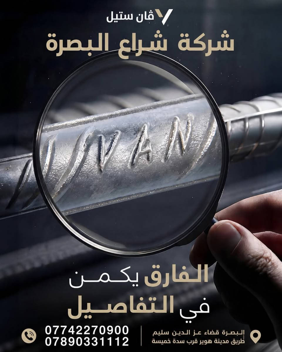 شركة شراع البصرة لتجارة حديد التسليح ومواد البناء
حديد تسليح أصلي وبجودة موثوقة 🔩
متوفر لدينا:
روهينا • فان استيل • عراق استيل • أف كي

جودة تثق بها • أسعار تنافسية • تجهيز سريع
شراع البصرة… شريككم في بناء أقوى 🏗️

📍 البصرة – قضاء عزالدين سليم – طريق مدينة هوير قرب سدة خميسة
📞 ***********
📞 ***********
