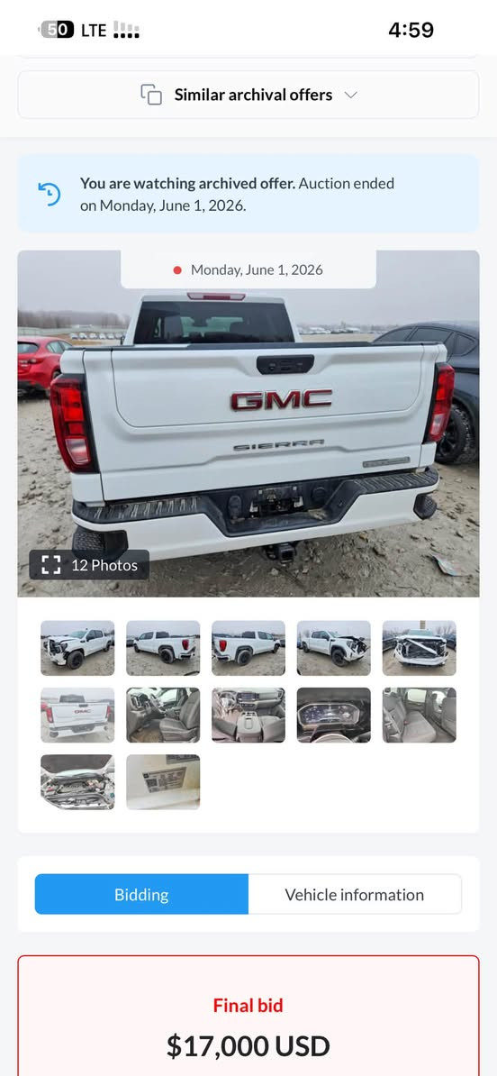 GMC 
2024 
4 بستن توين توربو يعني توربو ماكس 
ELEVATION_L
سياره ما مصلح هيجي ابيع  
تترقم اربيل دهوك سليمانيه حسب رغبتك 
 سعرها 300 $ ورقه و بي شويه مجال قليل 
رقم تلفون *********** بي واتساب 
*********** بث مباشر

نص مكتوب في الصور:
- Similar archival offers You are watching archived offer. Auction ended on Monday, June 1, 2026. Monday, June 1, 2026 12 Photos Bidding Vehicle information Final bid $17,000 USD
- Similar archival offers
- You are watching archived offer. Auction ended on Monday, June 1, 2026.
- Monday, June 1, 2026
- 12 Photos
- Bidding
- Vehicle information
- Final bid
- $17,000 USD
- 50 LTE 4:59 زيارة 2024 GMC Sierra, K1500 Elevation-L | 3GTPUJEK9RG375395 | Bid ... BidCars حفظ مشاركة 2021 GMC Sierra, 1500 4Wd Shor... BidCars 2021 GMC Sierra, K1500 Elevatio... BidCars 2024 GMC Sierra, K1500 Elevatio... BidCars 2023 GMC Sierra, 1500 4Wd Sho... BidCars
- إجراءات سريعة
- مشاركة
- البحث في محتوى هذه الشاشة
- hicle information
