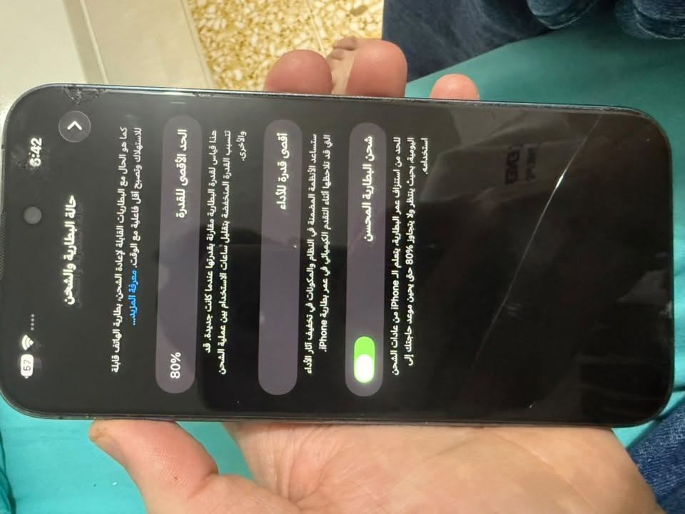 متاح ايفون للبيع
14 برو ماكس
بطاريه:80 
داكره:256
دبل سيم 
ومثل ماموضح بلصوره ضهر مكسور بس وماملعوب بي ابد ومامفتوح راسلني او خابرني ع هدا رقم
***********

نص مكتوب في الصور:
- 5:42
- حول
- الاسم
- إصدار iOS
- اسم الطراز
- رقم الطراز
- الرقم التسلسلي
- انتهت صلاحية التغطية
- الأغاني
- الفيديوهات
- الصور
- التطبيقات
- السعة
- متوفرة
- عنوان WLAN
- 70:B3:06:B9:5A:28
- 175.15 غ.ب.
- 256 غ.ب.
- 22
- 446
- 69
- 0
- J9V34YWCKF
- MQ8A3CH/A
- iPhone 14 Pro Max
- 26.6
- < iPhone
- >
- حالة البطارية والشحن
- كما هو الحال مع البطاريات القابلة لإعادة الشحن، بطارية الهاتف قابلة للاستهلاك وتصبح أقل فاعلية مع الوقت. معرفة المزيد...
- الحد الأقصى للقدرة
- هذا قياس لقدرة البطارية مقارنة بقدرتها عندما كانت جديدة. قد تتسبب القدرة المنخفضة بتقليل ساعات الاستخدام بين عملية الشحن والأخرى.
- 80%
- أقصى قدرة للأداء
- ستساعد الأنظمة المضمنة في النظام والمكونات في تخفيف آثار الأداء التي قد تلاحظها أثناء التقدم الكيميائي في عمر بطارية iPhone.
- شحن البطارية المحسن
- للحد من استنزاف عمر البطارية، يتعلم الـ iPhone من عادات الشحن اليومية، بحيث ينتظر ولا يتجاوز 80% حتى يحين موعد حاجتك إلى استخدامه.