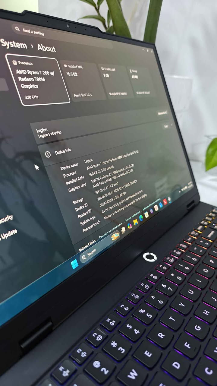 Lenovo Legion 5 15AHP10 (موديل 2025)

* المعالج: AMD Ryzen 7 260 (قوي جداً للأداء العالي، يصل تردده إلى 5.1 جيجاهرتز).
* كرت الشاشة: NVIDIA GeForce RTX 5060 بسعة 8 جيجابايت GDDR7 (أحدث جيل Blackwell لأداء جبار).
* الشاشة: 15.1 بوصة OLED بدقة WQXGA (2560x1600)، تردد 165Hz، وسطوع 500 nits لألوان خيالية.
* الذاكرة (RAM): 16GB DDR5 بسرعة 5600MHz (قابلة للتطوير حتى 64GB).
* التخزين: 512GB SSD NVMe 
* نظام التشغيل: Windows 11 الأصلي.
* البطارية 🔋: 100٪ مشحون 4 دورات فقط

✨ ميزات إضافية:

* نظام تبريد Legion Coldfront المتطور للحفاظ على استقرار الأداء.
* لوحة مفاتيح Legion TrueStrike مع إضاءة RGB بـ 24 منطقة.
* هيكل أنيق بلون Eclipse Black، أخف وزناً بنسبة 13% من الموديلات السابقة.
* دعم Wi-Fi 7 وبلوتوث 5.4 مع منافذ USB4 و HDMI 2.1.

💰 السعر :  1،950،000
للتواصل والاستفسار: *********** 📞

ملاحظة: رقم 2 بالكيبورد بيه كسر

https://t.me/epic_store2 بغداد, العراق

نص مكتوب في الصور:
- Find a setting Display Advanced display a display to view or change its settings Display 1: Connected to AMD Radeon(TM) 780M Graphics Internal Display Desktop mode 2560 x 1600, 165 Hz Active signal mode 2560 x 1600, 165 Hz Variable refresh rate Not Supported Bit depth 10-bit Color format RGB Color space Standard dynamic range (SDR) HDR certification VESA DisplayHDR 600 True Black (1.1) Dolby Vision More about HDR certification Display adapter properties for Display 1 Choose a refresh rate A higher rate gives smoother motion, but also uses more power More about refresh rate Dynamic refresh rate To help save power, Windows adjusts the refresh rate up to the selected rate above Dynamic refresh rate isn't supported More about dynamic refresh rate Related support Search
- LEGION LENOVO 83M0 RGCN34WW 12/11/2025 26100.1.amd64fre.ge_release.240331-1435 Mobile Supported 2026-09-19 20:52:49 stalled batteries nformation about each currently installed battery NAME BATTERY 1 L24M4PC0 MANUFACTURER SMP SERIAL NUMBER 5970 CHEMISTRY LiP DESIGN CAPACITY 80,000 mWh FULL CHARGE CAPACITY 84,000 mWh CYCLE COUNT 4 Recent usage 38°C صافي غالباً
- Find a setting System > About Processor AMD Ryzen 7 260 w/ Radeon 780M Graphics 3.80 GHz Installed RAM 16.0 GB Speed: 5600 MT/s Graphics card 8 GB Multiple GPUs installed Storage 477 GB Speed: 5600 MT/s Device info Legion Legion 5 15AHP10 Device name Legion Processor AMD Ryzen 7 260 w/ Radeon 780M Graphics (3.80 GHz) Installed RAM 16.0 GB (15.3 GB usable) Graphics card NVIDIA GeForce RTX 5060 Laptop GPU (8 GB) AMD Radeon(TM) 780M Graphics (512 MB) Storage 103 GB of 477 GB used Device ID 7644FF48-0F6C-4C16-B2A0-239187594BCD Product ID 00330-81483-17766-AA200 System type 64-bit operating system, x64-based processor Pen and touch No pen or touch input is available for this display Related links Domain or workgroup System protection Advanced system settings Search W E R T Y U I O P S D F G H J K L Z X C V B N M