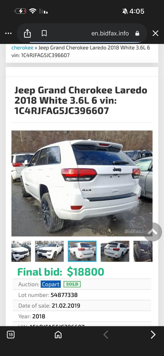 جيب كراند شيروكي امريكي
موديل 18 لون ابيض رقم بغداد

مواصفات 
محرك  V6 3.6
بانورامـا 
ماشيه 87الف
قطعتين تبريد
كشن سايق كهربائي 
كشنات تدفئه + تبريد 
ويل 20 اسود
ستيرن تدفئه + تبريد
صندوك كهربائي 
وبيها خير مواصفات 

# الضرر موضح بالصور وسونار  # السعر 235

موقع بغداد رقم ***********

نص مكتوب في الصور:
- cherokee » Jeep Grand Cherokee Laredo 2018 White 3.6L 6 vin: 1C4RJFAG5JC396607
- Jeep Grand Cherokee Laredo 2018 White 3.6L 6 vin: 1C4RJFAG5JC396607
- Final bid: $18800
- Auction: Copart SOLD
- Lot number: 54877338
- Date of sale: 21.02.2019
- Year: 2018
- cherokee » Jeep Grand Cherokee Laredo 2018 White 3.6L 6
- vin: 1C4RJFAG5JC396607
- Jeep Grand Cherokee Laredo
- 2018 White 3.6L 6 vin:
- 1C4RJFAG5JC396607
- BidFax.info
- cherokee > Jeep Grand Cherokee Laredo 2018 White 3.6L 6
- Lot number: 5487733
- MR. CLEAN CAR
- ***********
- ***********
- ابو يوسف
- ابو سيف
- جهه السائق (جاملغ الامامي)
- جههه السائق (جاملغ خلفي)
- بارد
- سليم
- جهه الراكب (جاملغ الخلفي)
- جهه الراكب (جاملغ الامامي)
- معجون ومفتوح
- تبديل
- معجون
- صيغ