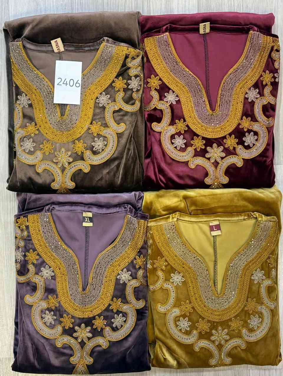 الوان روعة خامة درجة اولى 
قديفة سوبر الماس اصلي كلوش شركة الحسناء 
القياسات l XL  XXL  
سعر الدرزن 145 الف 
يوجد توصيل الى جميع محافظات العراق 
البيع بالجملة فقط 
للحجز يرجى التواصل على الواتس
***********

نص مكتوب في الصور:
- 2406