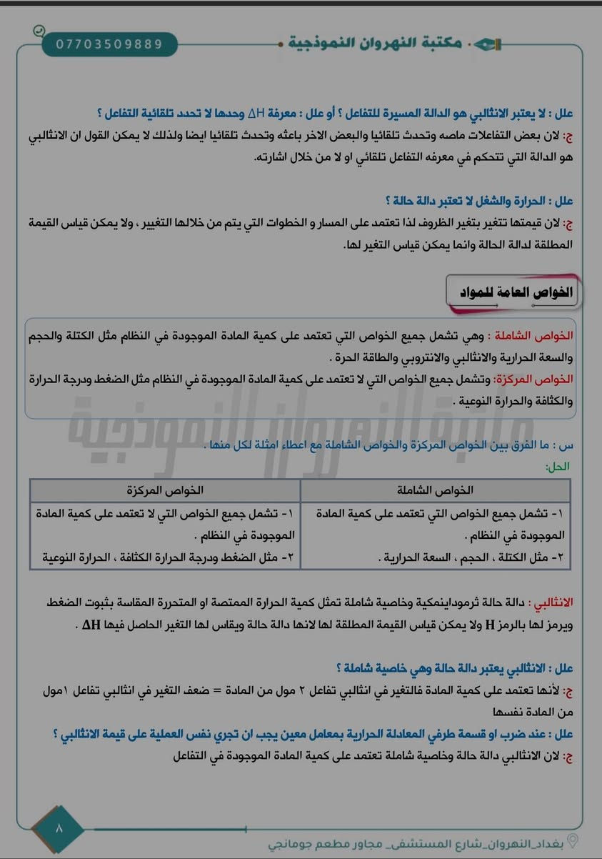 🧪📚 متوفر الآن | ملزمة الكيمياء الجاهزة للسادس العلمي

👨‍🏫 أستاذنا الكريم… ملزمتك جاهزة باسمك!

ملزمة احترافية وجاهزة للطباعة، بتصميم خاص يحمل اسم الأستاذ وهويته ✨

▪️ غلاف خاص باسم الأستاذ
▪️ علامة مائية داخلية بأسم الأستاذ
▪️ محتوى منظم وجاهز للطباعة
▪️ إمكانية التعديل والإضافة والحذف حسب رغبتك

📞 للاستفسار: ***********
📍 بغداد – النهروان – شارع المستشفى – مجاور مطعم جومانجي

🏫 كل ما يحتاجه المعلم والطالب في مكان واحد 🪄

نص مكتوب في الصور:
- *********** مكتبة النهروان النموذجية الفصل الاول : الثرموداينمك مقدمة الثرموداينمك : علم يهتم بدراسة الطاقة وتحولاتها ويهدف نحو تحويل اكبر قدر ممكن من الطاقة الحرارية الناتجة من احتراق الوقود الى انواع اخرى من الطاقات مثل الطاقة الميكانيكية للاستفادة منها في عمل المحركات . س: ماهي الظواهر التي يفسرها علم الثرموداينمك ؟ ١. سبب حدوث التفاعلات الكيميائية . ٢. التنبؤ بحدوث التغيرات الكيميائية والفيزيائية عندما توجد مادة او اكثر تحت ظروف معينة . ٣. حدوث بعض التفاعلات تلقائياً واخرى لا تحدث ابداً بشكل تلقائي عند نفس الظروف . ٤. سبب حدوث الطاقة المصاحبة للتفاعلات الكيميائية سواء في التفاعلات نفسها او في الوسط المحيط بها . س : ما الجانب الذي لا يهتم علم الثرموداينمك بدراسته ؟ ج: لا يهتم علم الثرموداينمك بعامل الزمن الذي يستغرقه التفاعل (علل) لأنه يتنبأ فقط أمكانية حدوث التفاعل بشكل تلقائي ام لا دون أن يبين سرعة التفاعل لان سرعة التفاعل من اهتمام علم الحركيات الذي يختص بدراسة سرعة التفاعل. س : ماهي انواع / اشكال الطاقة ؟ (وزاري/فراغات) ج: ١. الطاقة الكامنة : تشمل جميع الطاقة الكيميائية المخزونة في جميع أنواع المواد وجميع أنواع الوقود. ٢. الطاقة الحركية : تشمل طاقة جميع الأجسام المتحركة مثل الجزيئات والماء المتحرك والسيارات . س : أعط [ مثال / ظاهرة / حالة ] تفسر قانون الثرموداينمك الاول ؟ وعلام ينص ؟ ج: تتحول الطاقة الكامنة في الماء الى طاقة حركية إذا تحرك الماء من اعلى الشلال الى أسفله لان الطاقة الناتجة وهي الحركية يمكن ان تدور المحرك لتوليد الطاقة الكهربائية . وعليه تم استنتاج قانون الثرموداينمك الاول (وزاري) الذي ينص : ان الطاقة لا تفنى ولا تستحدث من العدم ولكن يمكن ان تتحول من شكل الى أخر بغداد_النهروان_شارع المستشفى_ مجاور مطعم جومانجي ١
- *********** مكتبة النهروان النموذجية الحرارة (q) الحرارة : احد أشكال الطاقة الشائعة في حياتنا اليومية ويرمز لها (q) وهي تمثل انتقال الطاقة الحرارية بين جسمين مختلفين في درجة الحرارة درجة الحرارة : هي مفهوم لقياس الطاقة الحرارية لجْسيمات مادة معينة وتصف لنا شدة الحرارة ومن خلالها يمكن تحديد سريان الحرارة وعادة تقاس بدرجة الحرارة المطلقة K التغير في الحرارة : تعني الفرق بين درجة الحرارة النهائية ودرجة الحرارة الابتدائية ويرمز لها بالرمز ΔT حيث ΔT = Tf - Ti س : عرف السعة الحرارية و الحرارة النوعية ؟ السعة الحرارية : كمية الحرارة اللازمة لرفع درجة حرارة كتلة m مقدرة بالغرام [m(g)] من اي مادة درجة سيليزية واحدة ووحدتها (J/°C) الحرارة النوعية : كمية الحرارة اللازمة لرفع درجة حرارة كتلة غرام واحد (1g) من اي مادة درجة سيليزية واحدة ووحدة الحرارة النوعية (J/g.°C) . س: ما الفرق بين الحرارة النوعية والسعة الحرارية ؟ وما هي وحدات هاتين الكميتين ؟ ج: الحرارة النوعية السعة الحرارية ١- كتلة المادة محددة ومقدارها واحد غرام ١- كتلة المادة غير محددة ٢- تعتبر من الخواص المركزّة ٢- تعتبر من الخواص الشاملة ٣- وحدتها J/g.°C ٣- وحدتها J/°C القوانين: التغير في درجة الحرارة : درجة الحرارة الابتدائية ΔT = Tf - Ti التغير في درجة الحرارة درجة الحرارة النهائية q = C.ΔT السعة الحرارية (J/°C) كمية الحرارة المنبعثة او المتحررة او الممتصة او المكتسبة وحدتها الجول (J) او الكيلوجول (kJ) الحرارة النوعية (J/g.°C) C = c.m بغداد_النهروان_شارع المستشفى_ مجاور مطعم جومانجي
- *********** مكتبة النهروان النموذجية علل : لا يعتبر الانثاوبي هو الدالة المسيرة للتفاعل ؟ أو علل : معرفة ΔH وحدها لا تحدد تلقائية التفاعل ؟ ج: لان بعض التفاعلات ماصه وتحدث تلقائيا والبعض الاخر باعده وتحدث تلقائيا ايضا ولذلك لا يمكن القول ان الانثالبي هو الدالة التي تتحكم في معرفه التفاعل تلقائي او لا من خلال اشارته. علل : الحرارة والشغل لا تعتبر دالة حالة ؟ ج: لان قيمتها تتغير بتغير الظروف لذا تعتمد على المسار و الخطوات التي يتم من خلالها التغيير ، ولا يمكن قياس القيمة المطلقة لدالة الحالة وانما يمكن قياس التغير لها. الخواص العامة للمواد الخواص الشاملة : وهي تشمل جميع الخواص التي تعتمد على كمية المادة الموجودة في النظام مثل الكتلة والحجم والسعة الحرارية والانثالبي والانتروبي والطاقة الحرة . الخواص المركزة: وتشمل جميع الخواص التي لا تعتمد على كمية المادة الموجودة في النظام مثل الضغط ودرجة الحرارة والكثافة والحرارة النوعية . مكتبة النهروان النموذجية س : ما الفرق بين الخواص المركزة والخواص الشاملة مع اعطاء امثلة لكل منها . الحل: الخواص الشاملة الخواص المركزة ١ - تشمل جميع الخواص التي تعتمد على كمية المادة ١ - تشمل جميع الخواص التي لا تعتمد على كمية المادة الموجودة في النظام . الموجودة في النظام . ٢ - مثل الكتلة ، الحجم ، السعة الحرارية . ٢ - مثل الضغط ودرجة الحرارة الكثافة ، الحرارة النوعية الانثالبي : دالة حالة ثرموداينمكية وخاصية شاملة تمثل كمية الحرارة الممتصة او المتحررة المقاسة بثبوت الضغط ويرمز لها بالرمز H ولا يمكن قياس القيمة المطلقة لها لانها دالة حالة ويقاس لها التغير الحاصل فيها ΔH . علل : الانثالبي يعتبر دالة حالة وهي خاصية شاملة ؟ ج: لأنها تعتمد على كمية المادة فالتغير في انثالبي تفاعل ٢ مول من المادة = ضعف التغير في انثالبي تفاعل ١مول من المادة نفسها علل : عند ضرب او قسمة طرفي المعادلة الحرارية بمعامل معين يجب ان تجري نفس العملية على قيمة الانثالبي ؟ ج: لان الانثالبي دالة حالة وخاصية شاملة تعتمد على كمية المادة الموجودة في التفاعل  بغداد_النهروان_شارع المستشفى_ مجاور مطعم جومانجي
- *********** - مكتبة النهروان النموذجية - الكيمياء الحرارية - الكيمياء الحرارية : علم يهتم بدراسة الحرارة الممتصة والمنبعثة ( المتحررة) نتيجة التغيرات الفيزيائية والكيميائية .
- س : ما انواع التفاعلات ؟
- - تفاعلات باعثة للحرارة : هو التفاعل الذي يحول الطاقة الحرارية من النظام الى المحيط وتكون طاقة المواد الناتجة اقل من طاقة المواد المتفاعلة و ΔHr قيمه سالبة .
- - تفاعلات ماصة للحرارة : هو التفاعل الذي فيه يمتص النظام الطاقة من المحيط وتكون طاقة المواد الناتجة اكبر من طاقة المواد المتفاعلة و ΔHr قيمة موجبة .
- تفاعل باعث للحرارة :
- تفاعل كيميائي :
- 2H2(g) + O2(g) -> 2H2O(l) + Energy
- تغير فيزيائي :
- H2O(g) -> H2O(l) + Energy
- مكتبة النهروان النموذجية
- تفاعل ماص للحرارة :
- 2HgO(s) + Energy -> 2Hg(l) + O2(g)
- H2O(s) + Energy -> H2O(l)
- 2H2(g) + O2(g)
- 2H2O (l)
- ΔH < 0
- ΔH = -
- طاقة
- التفاعل الباعث للحرارة فيه يحرر النظام الحرارة الى المحيط
- 2Hg(l) + O2(g)
- 2HgO (s)
- ΔH > 0
- ΔH = +
- التفاعل الماص للحرارة فيه يمتص النظام الحرارة من المحيط .
- ۹
- بغداد_النهروان_شارع المستشفى_مجاور مطعم جومانجي
- *********** - مكتبة النهروان النموذجية - س : ما مميزات المعادلة الكيميائية الحرارية ؟ أو بماذا تختلف عن المعادلات الاخرى ؟ ١. أشارته ΔH المصاحبة للتفاعلات إذا كانت موجبة فأن التفاعل ماص للحرارة ، أما إذا كانت سالبة فأن التفاعل باعث H2O (s) → H2O (l) ΔH = 6 Kj / mol ٢. يجب ذكر الحالة الفيزيائية للمواد المتفاعلة والناتجة لان كمية الحرارة الممتصة أو المنبعثة تتغير بتغير الحالة الفيزيائية للمادة H2 (g) + 1/2O2 (g) → H2O (l) ΔH = -286 Kj / mol H2 (g) + 1/2O2 (g) → H2O (g) ΔH = -242 Kj / mol ٣. أذا تم عكس التفاعل تعكس أشاره ΔH H2O (s) → H2O (l) ΔH = 6 Kj / mol H2O (l) → H2O (s) ΔH = -6 Kj / mol ٤. عند ضرب او قسمة طرفي المعادلة بعامل يجب ان تجري نفس العملية على قيمة ΔH H2O (s) → H2O (l) ΔH = 6 Kj / mol 2H2O (s) → 2H2O (l) ΔH = 6×2 = 12 Kj / mol علل : من الضروري بيان الحالة الفيزيائية عند كتابة التفاعلات الحرارية ؟ ج: لان كمية الحرارة الممتصة أو المنبعثة تتغير بتغير الحالة الفيزيائية للمادة H2 (g) + 1/2O2 (g) → H2O (l) ΔH = -286 Kj / mol H2 (g) + 1/2O2 (g) → H2O (g) ΔH = -242 Kj / mol س : ماذا نعني بالظروف القياسية في الكيمياء الحرارية ؟ وماذا نعني الظروف القياسية للغازات ( STP ) ؟ ١. الظروف القياسية في الكيمياء الحرارية : درجة حرارة 25C ( 298K ) - ضغط 1atm ٢. الظروف القياسية للغازات [ STP ] : درجة حرارة 0C ( 273K ) - ضغط 1atm قياس انثالبي التفاعل س : صف المسعر تتم بواسطته قياس الحرارة الممتصة أو المنبعثة بثبوت الضغط ؟ ج: هو جهاز يستخدم لقياس حرارة التفاعل الممتصة او المتحررة في التفاعل الكيميائي عند ثبوت الضغط حيث توضع فيه كميات معروفة من المواد المتفاعلة مكوناته : وعاء للتفاعل مغمور في كمية معينة من الماء معروفة الكتلة موجودة في وعاء معزول عزلا جيدا بما ان الحرارة المتحررة من التفاعل ترفع درجة حرارة الماء والمسعر لذا يمكن قياس كميتها من الزيادة في درجة الحرارة اذا كانت السعة الحرارية للمسعر ومحتوياته معروفة ١٠ بغداد_النهروان_شارع المستشفى_مجاور مطعم جومانجي