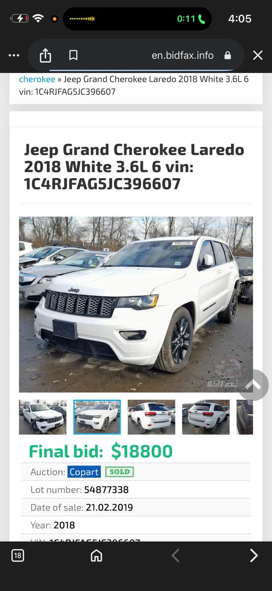 جيب كراند شيروكي امريكي
موديل 18 لون ابيض رقم بغداد

مواصفات 
محرك  V6 3.6
بانورامـا 
ماشيه 87الف
قطعتين تبريد
كشن سايق كهربائي 
كشنات تدفئه + تبريد 
ويل 20 اسود
ستيرن تدفئه + تبريد
صندوك كهربائي 
وبيها خير مواصفات 

# الضرر موضح بالصور وسونار  # السعر 235

موقع بغداد رقم ***********

نص مكتوب في الصور:
- cherokee » Jeep Grand Cherokee Laredo 2018 White 3.6L 6 vin: 1C4RJFAG5JC396607
- Jeep Grand Cherokee Laredo 2018 White 3.6L 6 vin: 1C4RJFAG5JC396607
- Final bid: $18800
- Auction: Copart SOLD
- Lot number: 54877338
- Date of sale: 21.02.2019
- Year: 2018
- cherokee » Jeep Grand Cherokee Laredo 2018 White 3.6L 6
- vin: 1C4RJFAG5JC396607
- Jeep Grand Cherokee Laredo
- 2018 White 3.6L 6 vin:
- 1C4RJFAG5JC396607
- BidFax.info
- cherokee > Jeep Grand Cherokee Laredo 2018 White 3.6L 6
- Lot number: 5487733
- MR. CLEAN CAR
- ***********
- ***********
- ابو يوسف
- ابو سيف
- جهه السائق (جاملغ الامامي)
- جههه السائق (جاملغ خلفي)
- بارد
- سليم
- جهه الراكب (جاملغ الخلفي)
- جهه الراكب (جاملغ الامامي)
- معجون ومفتوح
- تبديل
- معجون
- صيغ