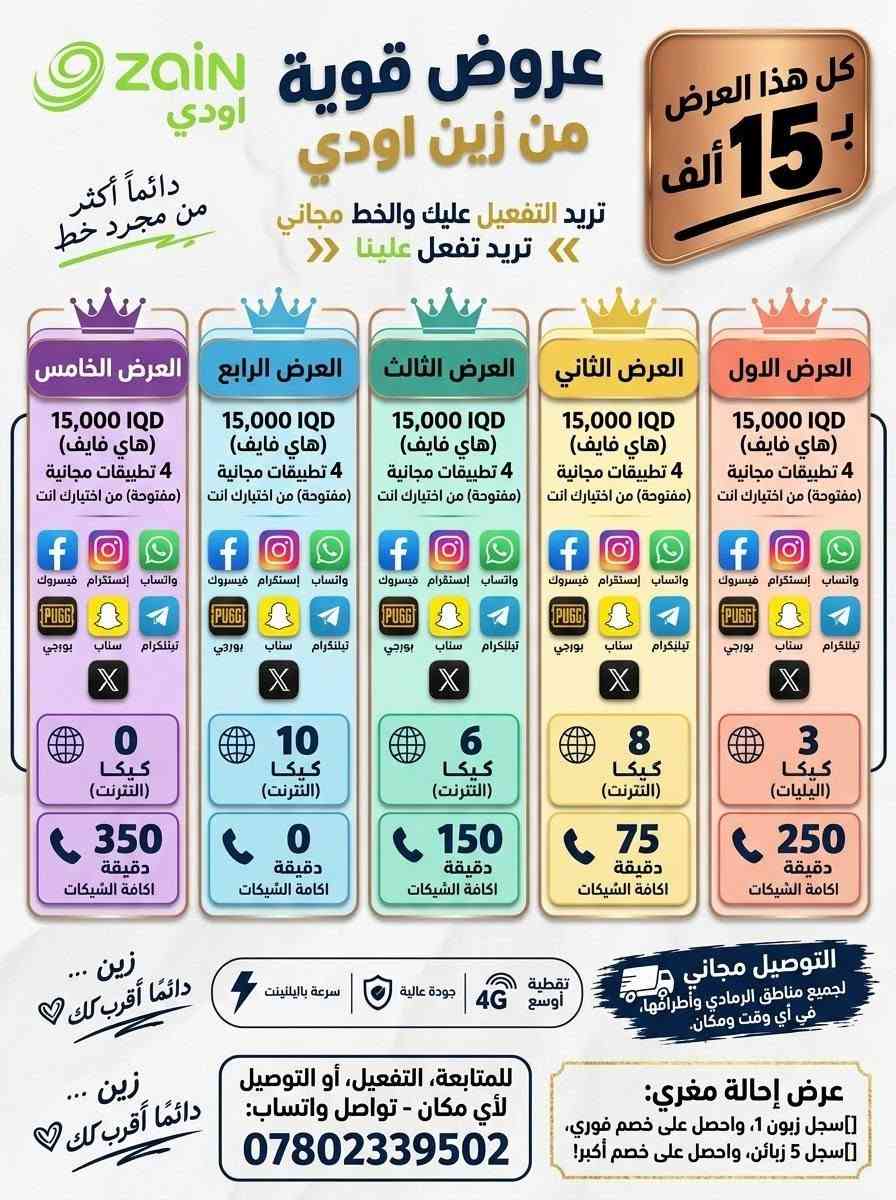📢 عروض زين أودي الصادمة وصلت الرمادي! 💥
تريد إنترنت سريع، تطبيقات مجانية، ودقائق مكالمات بدون ما تفرغ جيبك؟ 🤔 شريحة زين أودي (oodi) تقدم لك أقوى الباقات التوفيرية بأسعار تنافسية وتغطية 4G فائقة السرعة! 🚀✨

اختر الباقة اللي تناسب استخدامك اليومي أو الشهري:
🔹 باقة 15,000 دينار: تتضمن 4 تطبيقات مجانية من اختيارك (فيسبوك، إنستغرام، واتساب، بوبجي، سناب، وغيرها) + خيارات تصل إلى 10GB إنترنت أو 350 دقيقة مكالمات!

🔹 باقة 20,000 دينار: تطبيقات مجانية تصل إلى 9 تطبيقات + باقات إنترنت حتى 16GB أو 650 دقيقة مكالمات لجميع الشبكات!

🔹 باقة 25,000 دينار: 7 تطبيقات مجانية + إنترنت ضخم يصل إلى 36GB أو 1200 دقيقة مكالمات!

🔹 باقة 30,000 دينار: الأعلى توفيراً وقوة! 7 تطبيقات مجانية + باقات إنترنت اعلى وسعات تصل إلى 36GB أو 1200 دقيقة!

🎁 مفاجأة العرض (عرض الإحالة المغري): شارك العرض مع أصدقائك واستفد! 👥 سجل زبون 1 👈 احصل على خصم فوري! 👥 سجل 5 زبائن 👈 احصل على خصم أكبر وأقوى!

🚗 خدمة التوصيل والتفعيل: مجاناً وبشكل فوري لأي مكان داخل مدينة الرمادي وأطرافها! نصلك أينما كنت وفي أي وقت.

👇 طلب الشريحة وتفعيلها فوراً: 📞 اتصل أو راسلنا عبر الواتساب: ***********
💚 زين... دائماً أقرب لك

نص مكتوب في الصور:
- Zain اودي عروض قوية من زين اودي دائماً أكثر من مجرد خط كل هذا العرض بـ 20 فقط تريد التفعيل عليك والخط مجاني تريد تفعل علينا العرض الأول مميزات الخط 9 تطبيقات مجانية (مفتوحة) من اختيارك انت واتساب انستغرام فيسبوك تيليگرام سناب بوبجي توتير 9 إيبينات 300 دقيقة لكافة الشبكات العرض الثاني مميزات الخط 6 تطبيقات مجانية (مفتوحة) من اختيارك انت واتساب انستغرام فيسبوك تيليگرام سناب بوبجي توتير 6 إنترنت 420 دقيقة لكافة الشبكات العرض الثالث مميزات الخط 5 تطبيقات مجانية (مفتوحة) من اختيارك انت واتساب انستغرام فيسبوك تيليگرام سناب بوبجي توتير 13 إنترنت 120 دقيقة لكافة الشبكات العرض الرابع مميزات الخط 5 تطبيقات مجانية (مفتوحة) من اختيارك انت واتساب انستغرام فيسبوك تيليگرام سناب بوبجي توتير 16 إنترنت 0 دقيقة لكافة الشبكات العرض الخامس مميزات الخط 0 تطبيقات مجانية (مفتوحة) من اختيارك انت واتساب انستغرام فيسبوك تيليگرام سناب بوبجي توتير 0 إنترنت 650 دقيقة لكافة الشبكات دقيقة لكافة الشبكات أمان عالي لحسابك إنترنت سريع وفائق الجودة تغطية واسعة 4G أفضل سعر واقوى العروض التوصيل مجاني لجميع مناطق الرمادي وأطرافها عرض إحالة مغري: سجل زبون 1 واحصل على خصم فوري، سجل 5 زبائن واحصل على خصم أكبر *********** زين دائما أقرب لك
- عروض قوية من زين أودي بـ 25 ألف فقط للمتابعة، التفعيل، أو التوصيل: *********** العرض الأول 7 تطبيقات مجانية (مفتوحة) من اختيارك أنت 6GB بيانات 1000 دقيقة العرض الثاني 7 تطبيقات مجانية (مفتوحة) من اختيارك أنت لكافة الشبكات 32.5GB لكافة الشبكات دقيقة League 120 League minutes العرض الثالث 7 تطبيقات مجانية (مفتوحة) من اختيارك أنت لكافة 13GB بيانات 420 دقيقة العرض الرابع العرض الثاني 7 تطبيقات مجانية (مفتوحة) من اختيارك أنت 24GB بيانات 350 دقيقة العرض الخامس العرض الخامس 7 تطبيقات مجانية (مفتوحة) من اختيارك أنت 36GB بيكات 0 دقيقة العرض السادس العرض السادس 7 تطبيقات مجانية (مفتوحة) من اختيارك أنت 0GB بيانات 1200 دقيقة زين ... دائماً أقرب لك *********** عرض إحالة مغري: سجل زبون 1 واحصل على خصم فوري، سجل 5 زبائن واحصل على خصم أكبر! التوصيل مجاني لجميع مناطق الرمادي وأطرافها
- للتواصل والطلب: Zain *********** أقرب إليك متوفر واتساب/اتصال زين دائماً الأفضل العرض الأول مميزات الخط 7 تطبيقات مجانية (مفتوحة) من اختيارك انت فيسبوك واتساب إنستغرام سناب شات تلكرام تويتر تيك توك يوتيوب بونتي بلي نکسی 6 كيكات (بيانات) 1000 دقيقة لكافة الشبكات العرض الثاني مميزات الخط 7 تطبيقات مجانية (مفتوحة) من اختيارك انت فيسبوك واتساب إنستغرام سناب شات تلكرام تويتر تيك توك يوتيوب بونتي بلي نکسی 32.5 كيكات (بيانات) 120 دقيقة لكافة الشبكات العرض الثالث مميزات الخط 7 تطبيقات مجانية (مفتوحة) من اختيارك انت فيسبوك واتساب إنستغرام سناب شات تلكرام تويتر تيك توك يوتيوب بونتي بلي نکسی 18 كيكات (بيانات) 1200 دقيقة لكافة الشبكات العرض الرابع مميزات الخط 7 تطبيقات مجانية (مفتوحة) من اختيارك انت فيسبوك واتساب السكگرام سان.هات تلكريام توتير تويك توك يوتيوب بونتي بلي تكسی 24 كيكات (بيانات) 350 دقيقة لكافة الشبكات العرض الخامس مميزات الخط 7 تطبيقات مجانية (مفتوحة) من اختيارك انت فيسبوك واتساب انستگرام سان.هات تلكريام توتير تيك توك يوتيوب بونتي بلي تكسی 36 كيكات (بيانات) 0 دقيقة لكافة الشبكات العرض السادس مميزات الخط 7 تطبيقات مجانية (مفتوحة) من اختيارك انت فيسبوك واتساب انستگرام سان.هات تلكريام توتير تيك توك يوتيوب بونتي بلي تكسی 0 كيكات (بيانات) 1200 دقيقة لكافة الشبكات ** عرض إحالة مغري: **سجل زبون 1، واحصل على خصم فوري. **سجل 5 زبائن، واحصل على خصم أكبر! 30,000 فقط دينار عراقي Zain أقرب إليك خدمة التوصيلي لجميع مناطق الرمادي واطرافها والتفعيل مي آي وقت ومكان فيسبوك واتساب إنستغرام سناب شات تلي گرام تويتر تيك توك يوتيوب بونتي بلي تكسی نزلت تستحي كل ما مو افضل
- عروض قوية من زين اودي  زين اودي  دائماً أكثر من مجرد خط  كل هذا العرض بـ 15 ألف  تريد التفعيل عليك والخط مجاني تريد تفعل علينا  العرض الاول  15,000 IQD (هاي فايف) 4 تطبيقات مجانية (مفتوحة) من اختيارك انت  واتساب  إنستگرام  فيسروك  تيليگرام  سناب  بوجي  3 كيكا (اليلقات)  250 دقيقة اكافة الشبكات  العرض الثاني  15,000 IQD (هاي فايف) 4 تطبيقات مجانية (مفتوحة) من اختيارك انت  واتساب  إنستگرام  فيسروك  تيليگرام  سناب  بوجي  8 كيكا (الترنت)  75 دقيقة اكافة الشبكات  العرض الثالث  15,000 IQD (هاي فايف) 4 تطبيقات مجانية (مفتوحة) من اختيارك انت  واتساب  إنستگرام  فيسروك  تيليگرام  سناب  بوجي  6 كيكا (الترنت)  150 دقيقة اكافة الشبكات  العرض الرابع  15,000 IQD (هاي فايف) 4 تطبيقات مجانية (مفتوحة) من اختيارك انت  واتساب  إنستگرام  فيسروك  تيليگرام  سناب  بوجي  10 كيكا (الترنت)  0 دقيقة اكافة الشبكات  العرض الخامس  15,000 IQD (هاي فايف) 4 تطبيقات مجانية (مفتوحة) من اختيارك انت  واتساب  إنستگرام  فيسروك  تيليگرام  سناب  بوجي  0 كيكا (الترنت)  350 دقيقة اكافة الشبكات  التوصيل مجاني لجميع مناطق الرمادي وأطرافها، في أي وقت ومكان.  تغطية أوسع 4G  جودة عالية  سرعة بالينينت  زين... دائماً أقرب لك  زين... دائماً أقرب لك  للمتابعة، التفعيل، أو التوصيل لأي مكان - تواصل واتساب: ***********  عرض إحالة مغري: [[] سجل زبون 1، واحصل على خصم فوري، [[] سجل 5 زبائن، واحصل على خصم أكبر!