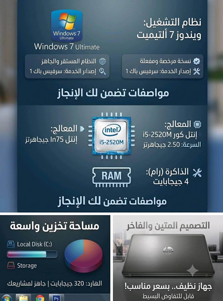 لابتوب HP EliteBook نظيف جداً وخامة معدنية قوية (للبيع)
​📜 تفاصيل الإعلان:
​للبيع لابتوب HP EliteBook الأصلية (فئة الأعمال القوية والمتينة)، نظيفة جداً وممتازة للاستخدام اليومي، الدراسة، التصفح، وبرامج التصميم والمونتاج الخفيف.
​⚡ المواصفات الفنية الكاملة:
​الماركة والنوع: HP EliteBook (جسم معدني متين يتحمل العمل والتنقل)
​المعالج (Processor): Intel Core i5-2520M بسرعة 2.50GHz (يصل إلى 3.20GHz مع التربو)
​الذاكرة العشوائية (RAM): 4 GB
​نظام التشغيل: Windows 7 Ultimate (64-bit) خفيف وسلس جداً على الجهاز
​سعة التخزين (الهارد): 320 GB (المساحة الفارغة المتاحة أكثر من 204 GB)
​الشاشة: دقة عالية وألوان صافية وممتازة للعرض.
​🌟 المميزات حالة الجهاز:
​أداء مستقر وسريع: خفيف جداً وما بيه أي تعليق مع البرامج الأساسية والدراسية.
​البطارية شغالة 100%: الجهاز يحفظ شحن وتگدر تشتغل عليه وتتحرك بيه بدون واير.
​النظافة: البدن والخامة المعدنية الشاشة بحالة ممتازة ونظيفة.
​🔋 ملاحظة الملحقات وطريقة التشغيل:
​البيع يشمل الجهاز والبطارية فقط (بدون شاحنة).
​طريقة التشغيل: تحتاج تخلي الشاحنة بضعة ثواني بس بالبداية حتى يقلع الجهاز، وبعدها تشلع الشاحنة وتستعمله على البطارية طبيعي جداً بدون أي مشكلة.
​💰 السعر: 195,000 دينار عراقي (وبيها مجال بسيط للبايع والشراي)
​📍 المكان: بغداد - مدينة الصدر
📞 للتواصل: *********** (متواجد اتصال هاتفي + واتساب) أو مراوس ب12 أو13 برو ماكس 