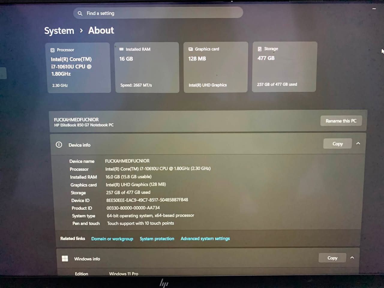 Hp EliteBook 850 G7 
مستعمل بحالة جيده نضيف مناسب للدراسه والشغل والبرمجه 

الرام 16GB
التخزين 477
النظام windows 11 pro 64 pit 
والمعالج intel core i7-10610U

(المكان بغداد مدينة الصدر) 

السعر 500 الف

للتواصل ***********
