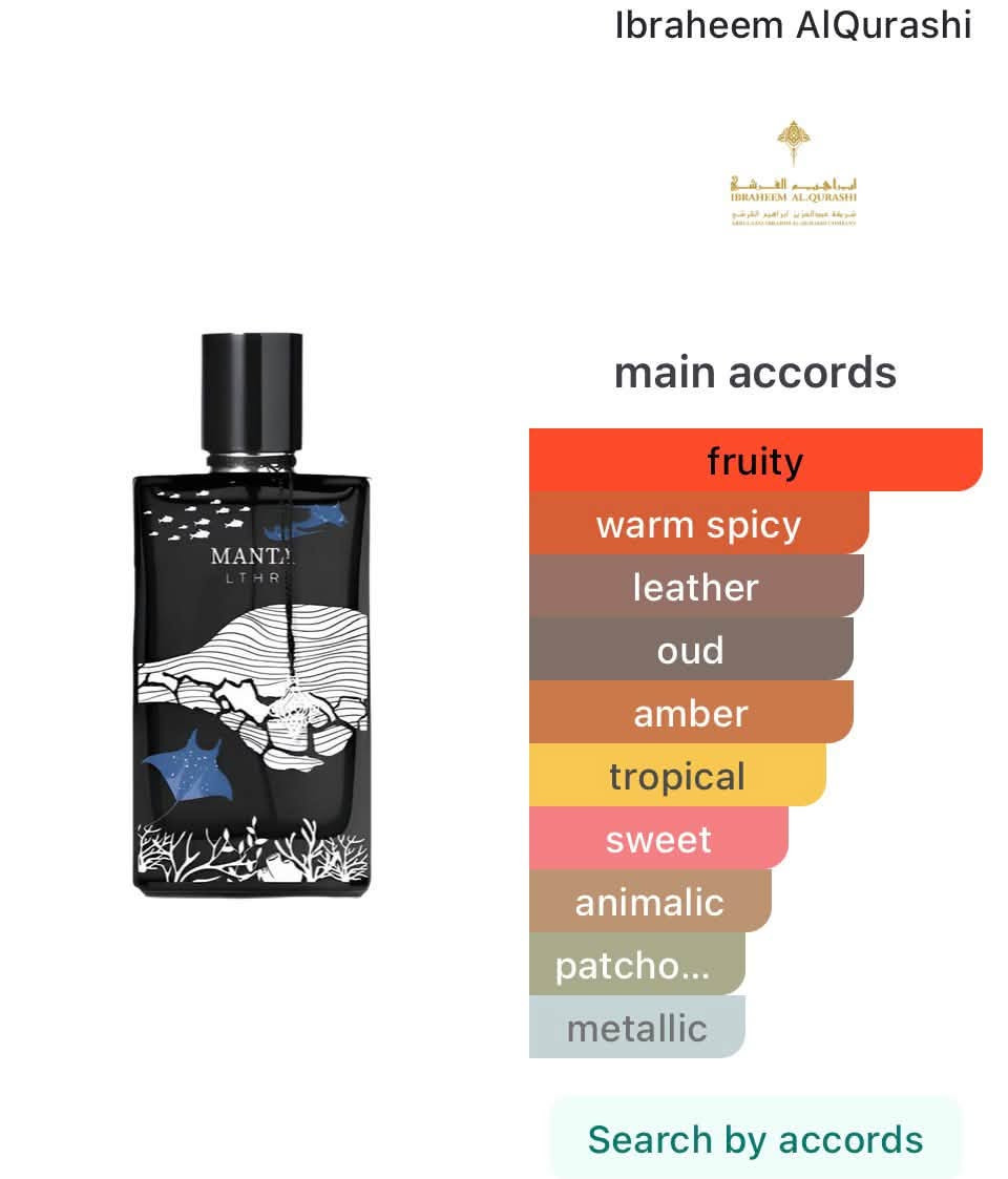 السلام عليكم عطر مانتا لذر من وكالة ابراق 75mlمرشوش منه 5 رشات فقط سعره 35
للتواصل على الرقم ***********

نص مكتوب في الصور:
- Ibraheem AlQurashi main accords fruity warm spicy leather oud amber tropical sweet animalic patcho... metallic Search by accords