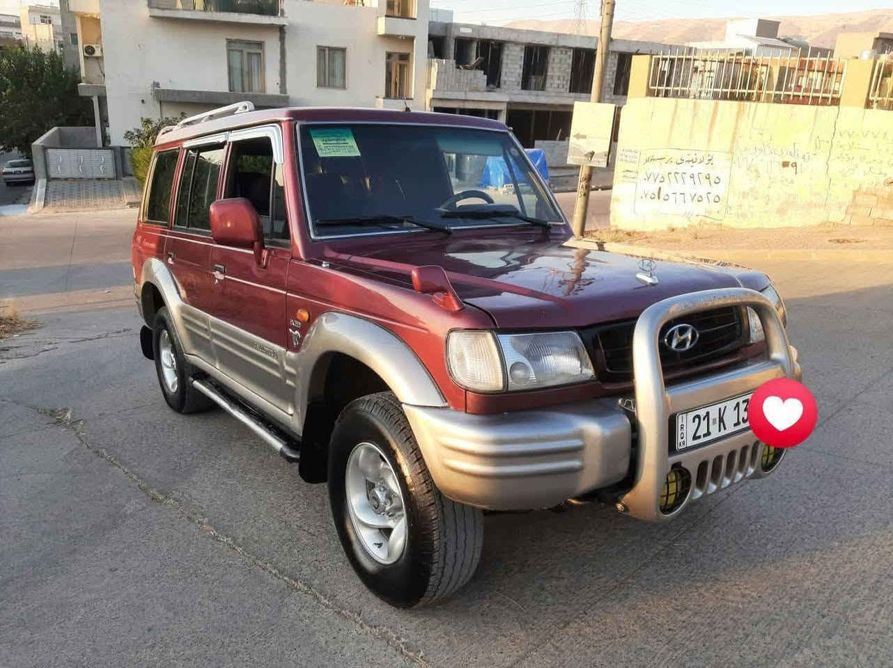للبيع:  (Galloper) - موديل 2000
​الموديل: 2000 (تحويل أصلي).
​ناقل الحركة : أوتوماتيك.
​الرقم والأوراق: رقم السليمانية، السنوية باسمي الشخصي، والأوراق والرقم والفحص والسنوية كلها جديدة وجاهزة.
​الحالة العامة: سيارة نظيفة جداً وبحالة ممتازة، لا تعاني من أي مشاكل ميكانيكية أو فنية، والإطارات جديدة تماماً.
​الموقع: السليمانية.
​المبلغ  72 ورقة ($7,200) مع مجال للمعاملة والسعر قابل للتفاوض.
‌***********
