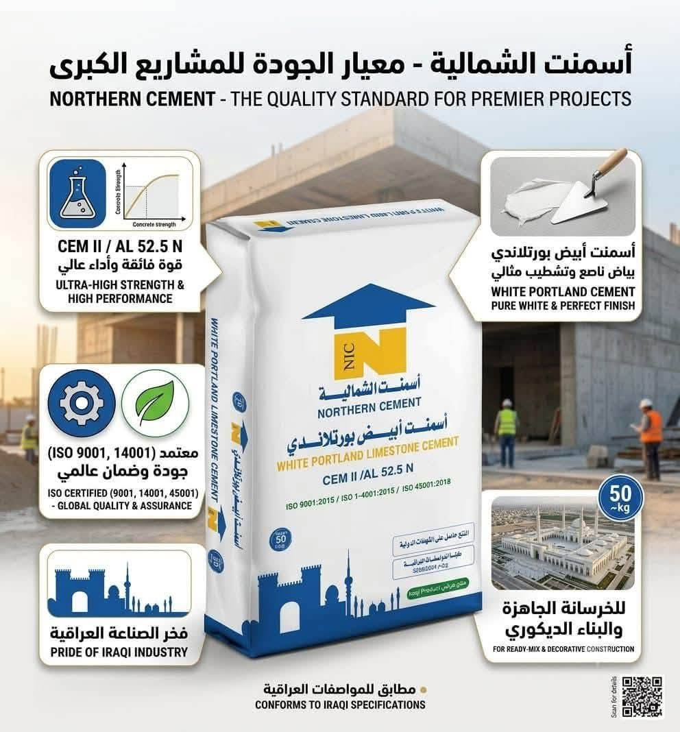 🔥 عرض قوي لاول مرة بالعراق تحمل اسمنت ابيض فل بالسايلو مباشر من المعمل 🔥
📢 إذا تستخدم سمنت أبيض بالإنتاج، هذا العرض إلك!

نوفر أسمنت الشمالـية – White Portland Limestone Cement
CEM II / AL 52.5 N 🇮🇶52.5 R

✅يتوفر تعبئة 50كغم وكذلك جامبو طن ونصف الطن 
✅ جودة ممتازة ومواصفات الاعلى 
✅ مناسب لمعامل اللواصق والكاشي والمنتجات الإسمنتية
✅ أسعار جملة ممتازة ومنافسة جدا
✅ تجهيز كميات كبيرة حسب الطلب للمعامل والتجار أسعار خاصة
✅المنتج حاصل على جميع الشهادات العالمية 

🚛 النقل والتجهيز حسب الاتفاق

📲 أي شخص يحتاج سمنت أبيض، تاجر، صاحب معمل لواصق، كاشي واصحاب السكلات ومحلات الانشائية —يتواصل ويانه مباشرة.

💰 السعر يختلف حسب الكمية، وكلما زادت الكمية يكون العرض أقوى.

لا تفوتك الفرصة… اسأل عن السعر اليوم وخلي شغلك علينا.
ذي قار قضاء النصر حي الصدرين 
***********
***********

نص مكتوب في الصور:
- أُسْمُتُ الشُّمَالِيَّة: الجُودَةُ الَّتِي تَبْنِي مُسْتَقْبَلَ العِرَاقَ من مصانعنا إلى مشاريعكم, أساس أقوى لعراق الغد
- أسمنت الشمالية.. اختيار المحترفين للديكور والتشطيبات الفاخرة! بياض ناصع، قوة فائقة، جودة عالمية
- أسمنت الشمالية - معيار الجودة للمشاريع الكبرى
- NORTHERN CEMENT - THE QUALITY STANDARD FOR PREMIER PROJECTS
- CEM II / AL 52.5 N
- قوة فائقة وأداء عالي
- ULTRA-HIGH STRENGTH &
- HIGH PERFORMANCE
- معتمد (9001, 14001, 45001)
- جودة وضمان عالمي
- ISO CERTIFIED (9001, 14001, 45001)
- - GLOBAL QUALITY & ASSURANCE
- فخر الصناعة العراقية
- PRIDE OF IRAQI INDUSTRY
- أسمنت أبيض بورتلاندي
- بياض ناصع وتشطيب مثالي
- WHITE PORTLAND CEMENT
- PURE WHITE & PERFECT FINISH
- للخرسانة الجاهزة
- والبناء الديكوري
- FOR READY-MIX & DECORATIVE CONSTRUCTION
- مطابق للمواصفات العراقية
- CONFORMS TO IRAQI SPECIFICATIONS