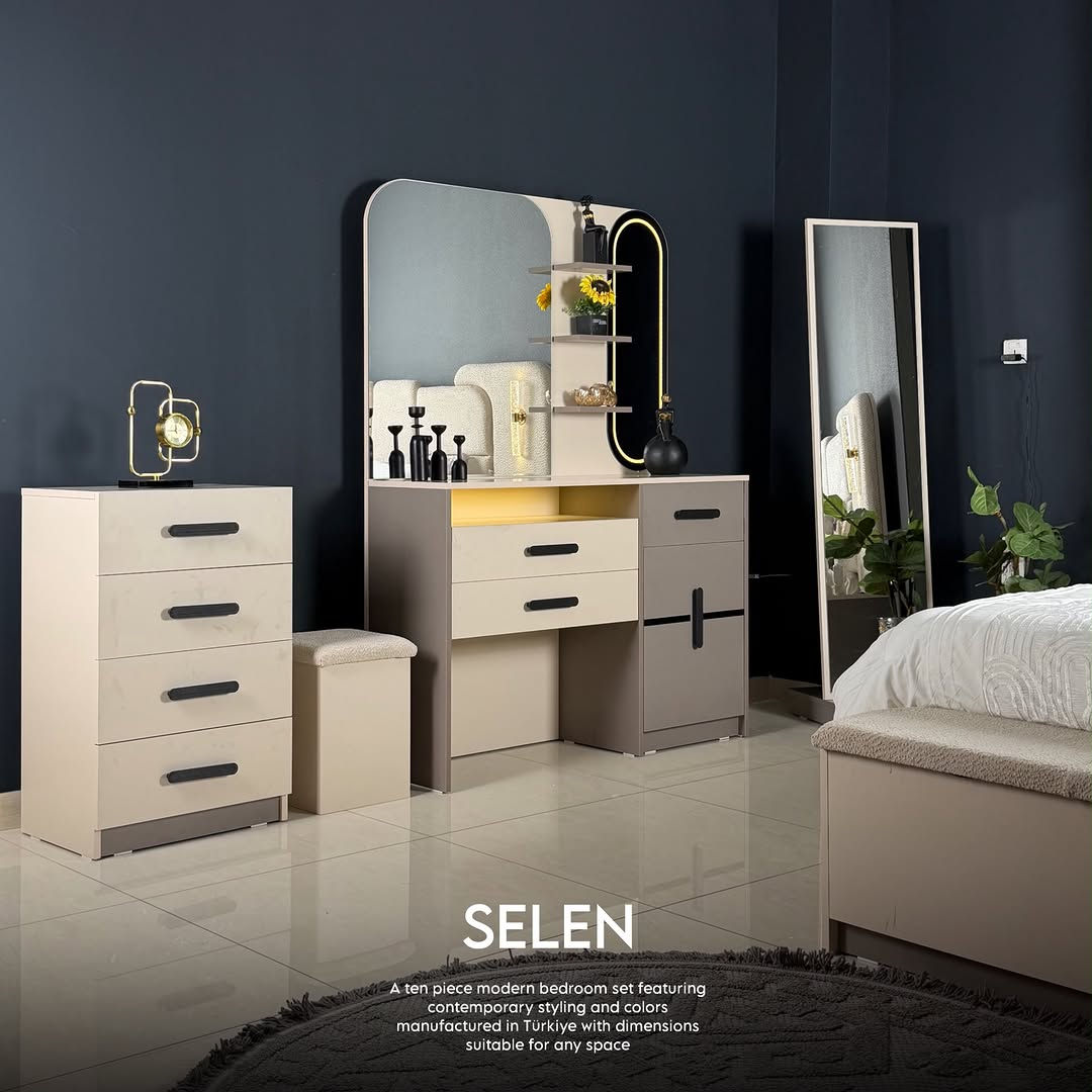 

نص مكتوب في الصور:
- SELEN A ten piece modern bedroom set featuring contemporary styling and colors manufactured in Türkiye with dimensions suitable for any space
- SELEN
- A ten piece modern bedroom set featuring
- contemporary styling and colors
- manufactured in Türkiye with dimensions
- suitable for any space
- A ten piece modern bedroom set featuring contemporary styling and colors manufactured in Türkiye with dimensions suitable for any space