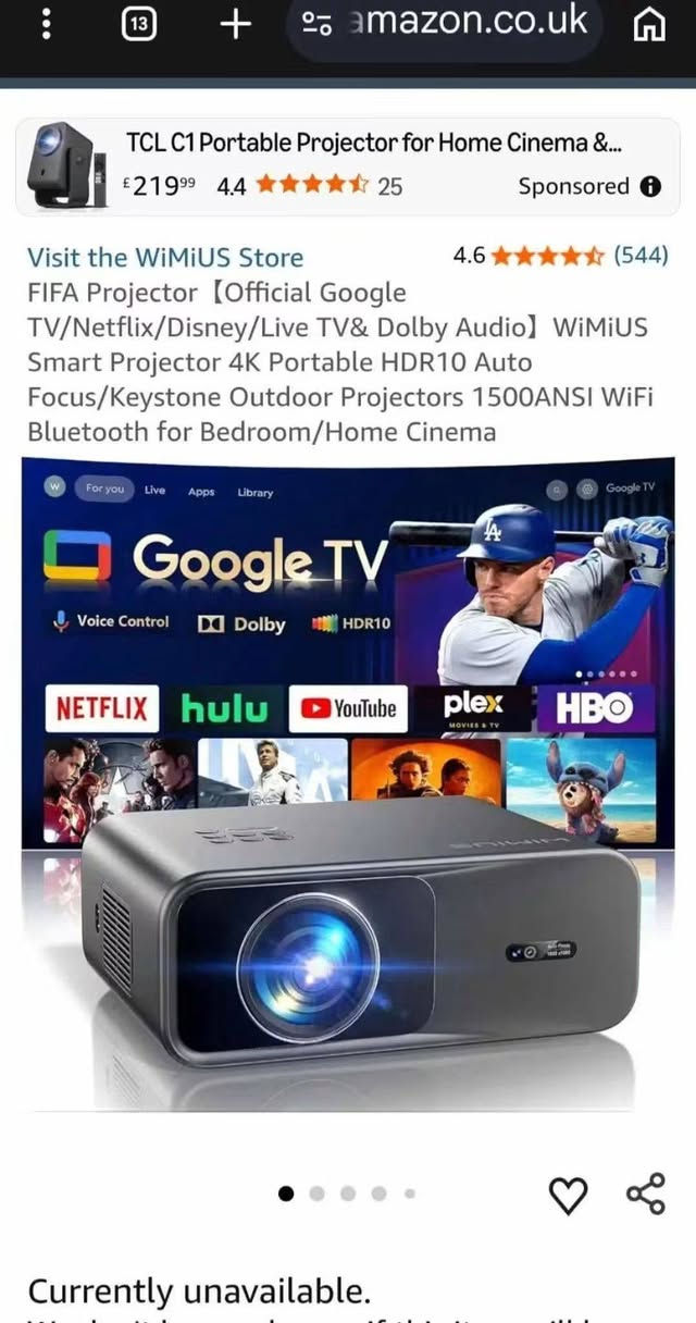 🔥🔥🔥🔥اصلي 🇩🇪🇩🇪🇩🇪
👇👇👇👇👇 Googel TV
اقوى جهاز حاليا من ناحيه الوضوح 

وصل عملاق الاجهزه  Wimius G1  بنظام Googel TV

🌟 قوة الإضاءة والعرض
السطوع: يبلغ 1500 لومن ANSI، مما يتيح إضاءة مساحة عرض تصل إلى 321 سم في البيئات المظلمة.

✨️نسبة التباين: تبلغ 25000:1 لتقديم تفاصيل أعمق بين الألوان الداكنة والفاتحة.

✨️الدقة الأصلية: شاشة عرض عالية الوضوح بدقة 1920 × 1080 بكسل (Full HD) يدعم دقه 4k

✨️عمر اللمبة: وحدة LED مصممة للعمل حتى 30000 ساعة (ما يعادل 20.5 سنة عند استخدامه 4 ساعات يومياً).

🛠️ ضبط الصورة والتحكم
تصحيح الانحراف: يدعم ضبط الصورة الذكي (الأفقي والرأسي).

التعديل الرقمي: يعوض رقمياً التشوّه شبه المنحرف الناتج عن زوايا العرض المائلة.
🎬 النظام والتشغيل

✨️دقة الفيديو المدعومة: يعالج الإشارات بدقة تصل إلى Full HD 1080P و4K.
نظام التشغيل: يعمل بنظام Google TV كمركز وسائط متكامل لتشغيل التطبيقات المتنوعة مباشرة.
مشغل الوسائط: مدمج لتشغيل الملفات تلقائياً دون الحاجة لجهاز كمبيوتر أو مصدر خارجي.

🌐 الاتصال اللاسلكي والصوت
تقنية البلوتوث: مدمجة لسهولة توصيل السماعات ومكبرات الصوت الخارجية لاسلكياً.

بث الشاشة: يدعم ميزات العرض اللاسلكي وعكس الشاشة عبر Miracast وAirplay وChromecast لبث محتوى الهواتف والأجهزة الذكية بسهولة.
للحجز والاستفسار

☎️***********

#داتاشوـ #عارض #سينما #تعليم #بروجكتر #مدارس #قاعه

نص مكتوب في الصور:
- 13 amazon.co.uk TCL C1 Portable Projector for Home Cinema &... £21999 4.4 25 Sponsored Visit the WiMiUS Store 4.6 (544) FIFA Projector 【Official Google TV/Netflix/Disney/Live TV& Dolby Audio】 WiMiUS Smart Projector 4K Portable HDR10 Auto Focus/Keystone Outdoor Projectors 1500ANSI WiFi Bluetooth for Bedroom/Home Cinema For you Live Apps Library Google TV Voice Control Dolby HDR10 NETFLIX hulu YouTube plex HBO Currently unavailable.