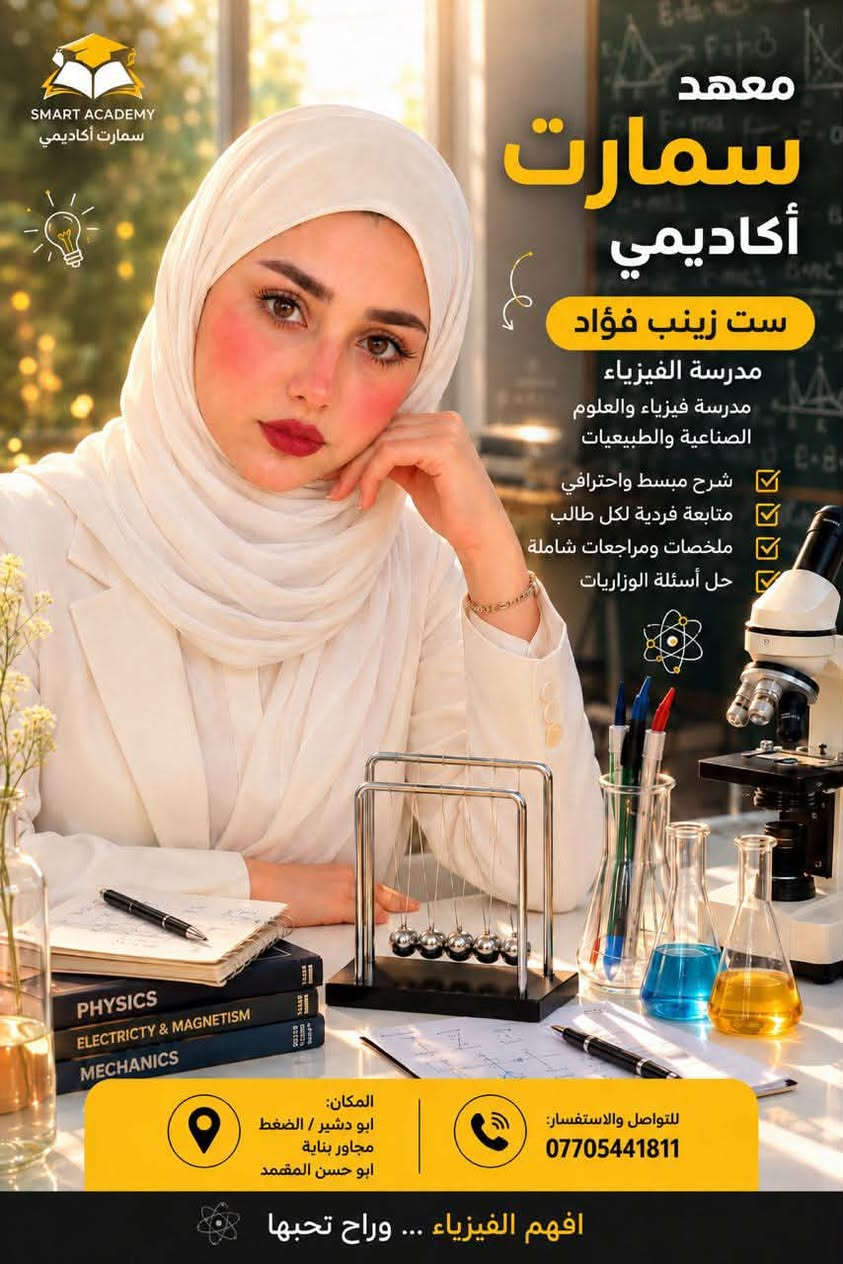 يعلن مركز سمارت أكاديمي التعليمي 👩‍🎓🧑‍🎓
🔥 عروض خاصة ومميزة لدفعـة 2027 🔥
📚 المتوسطة والإعدادية
✨ وكذلك عروض خاصة لطلاب الدور الثاني (المتوسطة والإعدادية)
لا تفوّت الفرصة وابدأ استعدادك للنجاح والتفوق مع نخبة من المدرسين بأسلوب حديث ومتابعة مستمرة 💯
📌 سارعوا بالتسجيل فالأماكن محدودة
📞 للاستفسار والتسجيل  ***********
📍 موقعنا أبو دشير الضغط 👨‍🏫👩🏾‍💻🧑‍🏫👨‍💻🧑🏼‍🏭
