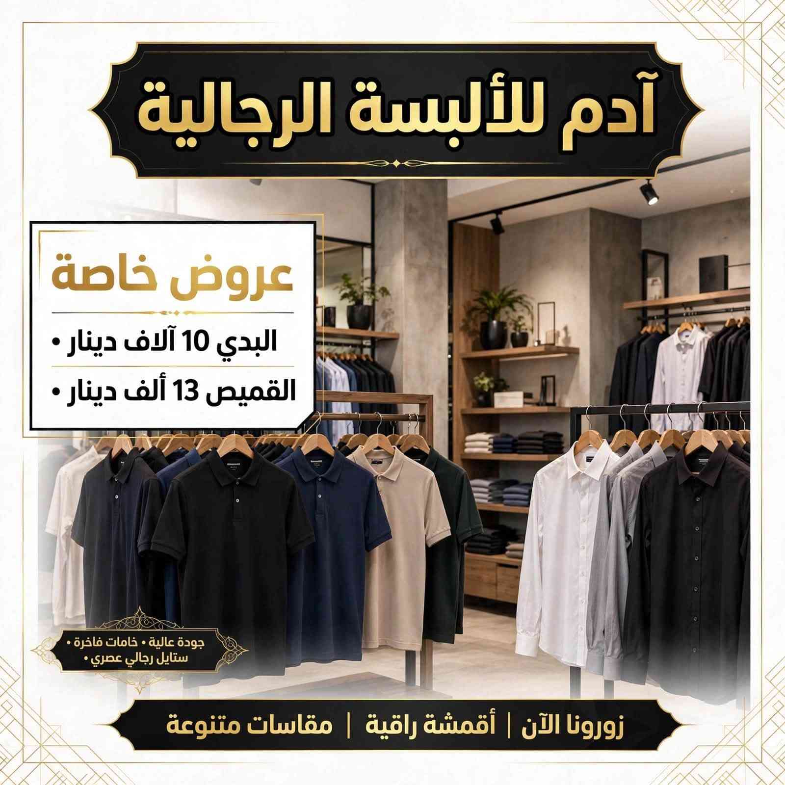👔 آدم للألبسة الرجالية - عروض خاصة 👔
🔥 البدي بـ 10 آلاف دينار فقط
🔥 القميص بـ 13 ألف دينار فقط
تشكيلة صيفية 2026 - خامة تركية أصلية
📍 العنوان: الديوانية / عفك - قرب الدلال - مقابل جامع راية العباس
📞 للحجز والاستفسار: ***********
📦 توصيل متوفر
#الديوانية #عفك #ملابس_رجالية #عروض_آدم
