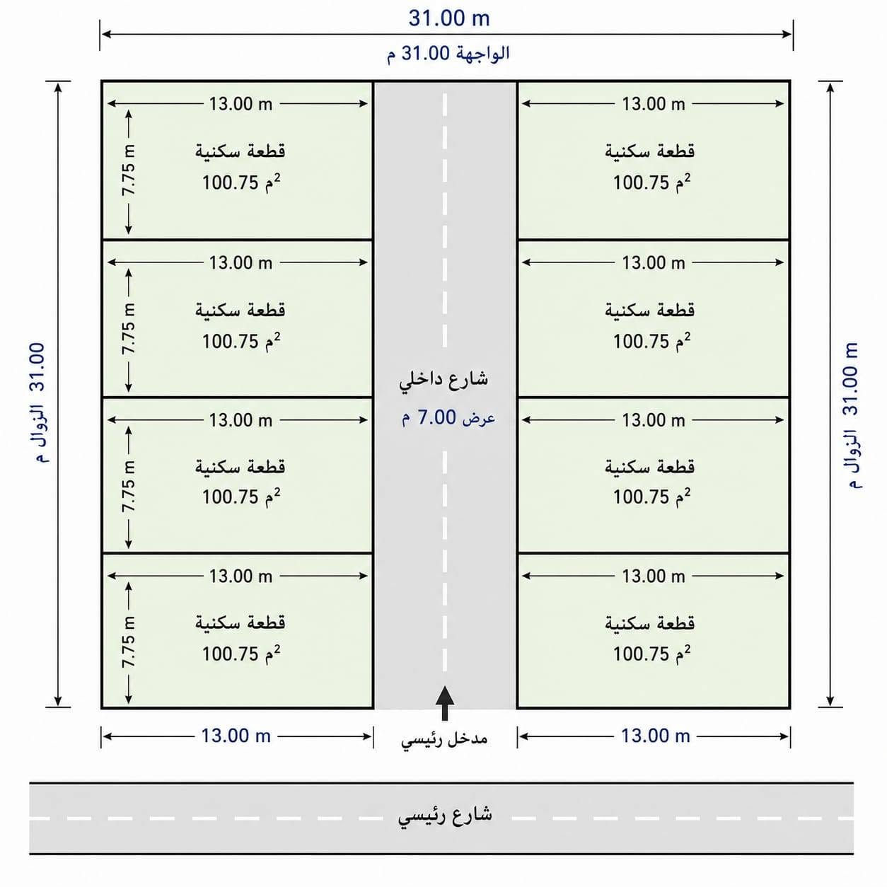 لا توجد تفاصيل

نص مكتوب في الصور:
- قطع أراضي للبيع الشعله الصابيات الدوائم خلف سكه القطار قرب طابو السلامات للاستفسار الإتصال على *********** 100م2
- 31.00 m الواجهة 31.00 م 13.00 m 7.75 m قطعة سكنية 100.75 م2 13.00 m 7.75 m قطعة سكنية 100.75 م2 13.00 m 7.75 m قطعة سكنية 100.75 م2 13.00 m 7.75 m قطعة سكنية 100.75 م2 13.00 m 31.00 م الزوال م شارع داخلي عرض 7.00 م 13.00 m 7.75 m قطعة سكنية 100.75 م2 13.00 m 7.75 m قطعة سكنية 100.75 م2 13.00 m 7.75 m قطعة سكنية 100.75 م2 13.00 m 7.75 m قطعة سكنية 100.75 م2 13.00 m 31.00 m الزوال م 13.00 m مدخل رئيسي 13.00 m شارع رئيسي