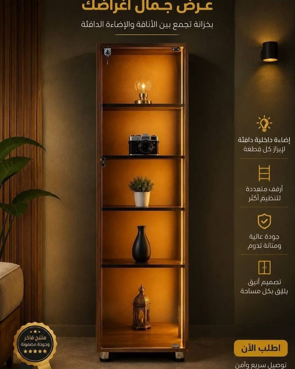 فاترينة عرض • باب زجاجي • إضاءة دافئة
