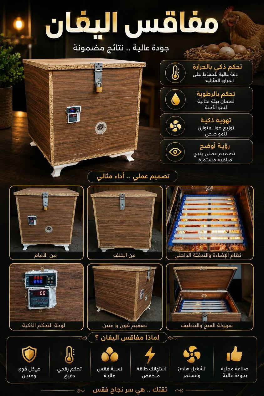 السلام عليكم يتوفر كميات  مفاقس  شرط التفقيس شغل درجه اولى للبيع بسعر مناسبه  السعر (75) الف المكان الشرقاط ويوجد خدمه توصيل  ***********

نص مكتوب في الصور:
- عرض خاص - كمية محدودة مفاقس اليفان نسبة تفقيس 95% مضمونة ابدأ مشروعك ودعك الخاص أرباح ضمان سنة + سنة كاملة دعم فني احجز الآن - الكمية محدودة للطلب والاستفسار اتصل الآن *********** موثوق • آمن • دقيق • سهل الاستخدام
- فقاسات اليفان
- جودة عالية .. نتائج مضمونة
- تحكم ذكي بالحرارة
- دقة عالية للحفاظ على
- الحرارة المثالية
- تحكم بالرطوبة
- لضمان بيئة مثالية
- لنمو الأجنة
- تهوية ذكية
- توزيع هواء متوازن
- لنمو صحي
- رؤية أوضح
- صميم عملي يتيح
- مراقبة مستمرة
- تصميم عملي .. أداء مثالي
- من الأمام
- من الخلف
- نظام الإضاءة والتدفئة الداخلي
- لوحة التحكم الذكية
- تصميم قوي و متين
- سهولة الفتح والتنظيف
- لماذا فقاسات اليفان ؟
- صناعة محلية
- بجودة عالية
- تشغيل هادئ
- ومستمر
- استهلاك طاقة
- منخفض
- نسبة فقس
- عالية
- تحكم رقمي
- دقيق
- هيكل قوي
- ومتين
- ثقتك .. هي سر نجاح فقس
