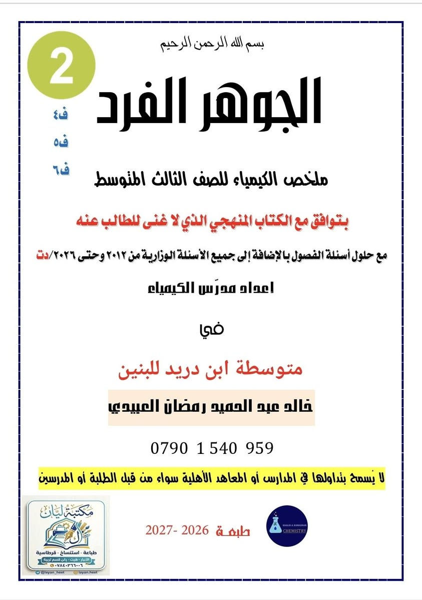 ملزمة كيمياء • صف ثالث متوسط • الجوهر الفرد