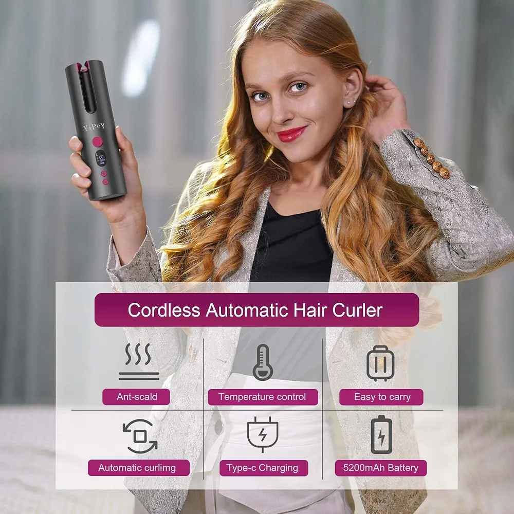 YAPOY Cordless Automatic Hair Curler Rechargeable Auto Curlers with 5 Temps & Timers, Heat Insulation Chamber, LCD Screen, Auto Shut-Off, Suitable for Short & Long Hair Styling - Grey&Magenta

)
ئامێری YAPOY Wireless Auto Hair Curler (Model YB100) یەکێکە لە باشترین و ئاسانترین ئامێرەکانی لۆلەکردنی قژ بە شێوازێکی ئۆتۆماتیکی و بێ وایەر.
## 🌟 لۆگۆ و شێوازی دیزاین

* لۆگۆ: ناوی براندەکە YAPOY بە ڕەنگی زیوی لەسەر جەستەی ئامێرەکە نەخشێنراوە.
* ڕەنگ: ڕەنگی خۆڵەمێشی تۆخ (Grey) لەگەڵ پەمەیی تۆخ (Magenta).

## 📺 هێماکانی سەر شاشەی LCD

* L / R (ئاراستە): هێمای L بۆ لۆلەکردن بەرەو چەپ، هێمای R بۆ لۆلەکردن بەرەو ڕاست.
* پلەی گەرمی: نیشاندانی گەرمی ئامێرەکە (لە نێوان 160°C بۆ 200°C).
* چرکە (s): کاتی مانەوەی قژەکە لە ناو ئامێرەکە (6s بۆ 14s).
* 🔋 پاتری: نیشاندانی ڕێژەی شەحنی پاترییە 5200mAh کە پێویستی بە وایەری کارەبا نییە لە کاتی ئیشکردندا.

## ⚙️ تەرتیبات و ڕێکخستنی گەرمی و کات

* قژی زیانپێکەوتوو: 160°C | 6 بۆ 8 چرکە (شەپۆلی زۆر نەرم)
* قژی تەنک و نەرم: 180°C | 8 بۆ 10 چرکە (لۆلەی سروشتی)
* قژی ئاسایی: 180°C | 10 بۆ 12 چرکە (لۆلەی ڕێک و دیار)
* قژی ئەستوور و خەست: 200°C | 14 چرکە (لۆلەی توند و کێرلی تەواو)

## 📝 هەنگاوەکانی بەکارهێنان

   1. داگیرساندن: دوگمەی سەرەکی (Power) بۆ ماوەی 3 چرکە داگرە.
   2. ڕێکخستن: دووبارە دەست بنێ بە دوگمەی سەرەکیدا، پاشان بەو دوگمە بچووکەی تر پلەی گەرمی، کات، و ئاراستەی (L/R) دیاری بکە.
   3. دانانی قژ: تاڵێکی تەنک لە قژت بخە ناو ئەو بەشەی کە شێوەی U یە.
   4. لولەکردن: دوگمەی گەورەی GO داگرە و بەردەوام بە لە گرتنی تا ئەو کاتەی دەنگی بیپ (Beep) نامێنێت، پاشان قژت بە نەرمی بێنە دەرەوە.

------------------------------
## 📑 اللغة العربية (Arabic)
جهاز YAPOY Wireless Auto Hair Curler (Model YB100) هو أحد أفضل وأسهل الأجهزة لتجعيد وتجفيف الشعر تلقائياً وبدون أسلاك.
## 🌟 الشعار والتصميم

* الشعار: اسم العلامة التجارية YAPOY محفور باللون الفضي الأنيق على جسم الجهاز.
* الألوان: يأتي باللون الرمادي الغامق (Grey) مع لمسات باللون الوردي (Magenta).

## 📺 رموز شاشة الـ LCD

* L / R (الاتجاه): الرمز L يعتني بلف الشعر نحو اليسار، والرمز R يعني نحو اليمين.
* درجة الحرارة: تعرض حرارة الجهاز الحالية (بين 160°C و 200°C).
* الثواني (s): تعرض مؤقت بقاء الشعر داخل الجهاز (من 6 إلى 14 ثانية).
* 🔋 البطارية: توضح مستوى شحن البطارية القوية بقوة 5200mAh والتي تعمل لاسلكياً بالكامل.

## ⚙️ الإعدادات الموصى بها حسب نوع الشعر

* شعر تالف: 160°C | من 6 إلى 8 ثوانٍ (تموجات خفيفة وواسعة)
* شعر ناعم/خفيف: 180°C | من 8 إلى 10 ثوانٍ (تموجات طبيعية ومرنة)
* شعر عادي: 180°C | من 10 إلى 12 ثانية (خصلات ملفوفة وواضحة)
* شعر سميك/كثيف: 200°C | 14 ثانية (خصلات كيرلي متماسكة جداً)

## 📝 خطوات الاستخدام بالتفصيل

   1. التشغيل: اضغطي مع الاستمرار على زر الطاقة (Power) لمدة 3 ثوانٍ.
   2. الضبط: اضغطي على زر الطاقة مرة أخرى لتحديد (الحرارة، الاتجاه، الوقت) وقومي بتغيير القيم بالزر الصغير.
   3. وضع الشعر: خذي خصلة صغيرة من الشعر وضعيها داخل الفتحة التي على شكل حرف U.
   4. اللف التلقائي: اضغطي مع الاستمرار على زر GO الكبير، ولا تتركي الزر حتى يتوقف صوت الصفير (Beep) تماماً، ثم اسحبي الخصلة بلطف.

ئایا دەتەوێت زانیاری زیادە لەسەر شێوازی پاککردنەوەی ئەم ئامێرە بزانیت، یان دەتەوێت کاتژمێری کارکردنی پاترییەکەت بۆ دیاری بکەم؟
هل تودين معرفة طريقة تنظيف الجهاز أو الاستفسار عن مدة عمل البطارية بعد الشحن؟ السليمانية, العراق

نص مكتوب في الصور:
- Large Curl Chamber No skill need & Save your time TIPS: Just loosen the hair after the curler stops working when the hair is tangled, and then restart the machine to use.
- 5 Ajustable Temperatures & Timer 6S 160°C 8S 170°C 10S 180°C 12S 190°C 14S 200°C Suitable for All Hair Styles Damaged Hair: 160°C/320°F 6/8S Soft/Fine Hair: 180°C/356°F 8/10S Normal Hair: 180°C/356°F 10/12S Coarse/Thick Hair: 200°C/392°F 14S
- Ours Auto curling, easy to use Anti-scald design The curler last all day Long battery life Others Manual curling, skills required Easily burns facial skin Doesn't keep the curl long at all Short cord, hard to operation & carry
- Cordless Automatic Hair Curler Ant-scald Temperature control Easy to carry Automatic curlimg Type-c Charging 5200mAh Battery