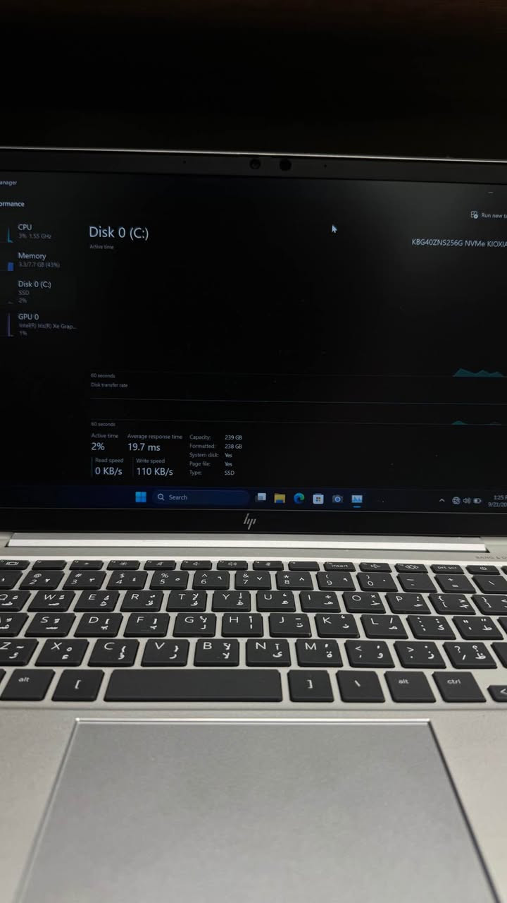 💻 HP EliteBook

لەپتۆپێکی جوان و کرداری، زۆر گونجاوە بۆ قوتابخانە، زانکۆ، کار و بەکارهێنانی ڕۆژانە.

ئەم لەپتۆپە بەکارهاتووە، بەڵام زۆر پاک و خاوێنە و بەبێ هیچ کێشەیەک کار دەکات.

🔹 تایبەتمەندییەکان:
• پرۆسێسەر: Intel Core i5 – نەوەی 11
• RAM: 8GB
• بیرگە: 256GB

کۆمەڵێکی زۆر لەپتۆپ و کۆمپیوتەری تریشمان هەیە بە تایبەتمەندی و نرخە جیاوازەکان.

📩 بۆ زانیاری زیاتر، DM بکەن یان پەیوەندیمان پێوە بکەن:

📱 WhatsApp: +41 76 608 31 66
📞 تەلەفۆن: ***********
———————————————————————

💻 HP EliteBook

لابتوب عملي وأنيق، مناسب للدراسة، الجامعة، العمل، والاستخدام اليومي.

الجهاز مستعمل، لكن بحالة نظيفة جداً ويعمل بشكل ممتاز دون أي مشاكل.

🔹 المواصفات:
• المعالج: Intel Core i5 – الجيل 11
• الرام: 8GB
• التخزين: 256GB

لدينا تشكيلة واسعة من اللابتوبات وأجهزة الكمبيوتر بمواصفات وأسعار مختلفة.

📩 لمزيد من المعلومات، راسلونا عبر الخاص أو اتصلوا بنا:

📱 WhatsApp: +41 76 608 31 66
📞 الهاتف: *********** أربيل, العراق

نص مكتوب في الصور:
- Disk 0 (C:)
- KBG40ZNS256G NVMe KIOXIA
- CPU
- 3.14 GHz
- Memory
- 3.3/7.7 GB (43%)
- SSD
- 2%
- GPU 0
- Intel(R) Iris(R) Xe Grap...
- Active time
- Average response time
- 19.7 ms
- Read speed
- 0 KB/s
- Write speed
- 110 KB/s
- Capacity:
- Formatted:
- System disk:
- Page file:
- Type:
- 239 GB
- 238 GB
- Yes
- Search
- 1:25 PM
- 9/21/2023
- 11th Gen Intel(R) Core(TM) i5-1145G7 @ 2.60GHz 100% 2.61 GHz 1 4 8 Enabled 320 KB 5.0 MB 8.0 MB 1:26 PM 9/21/2026 Run new task Search