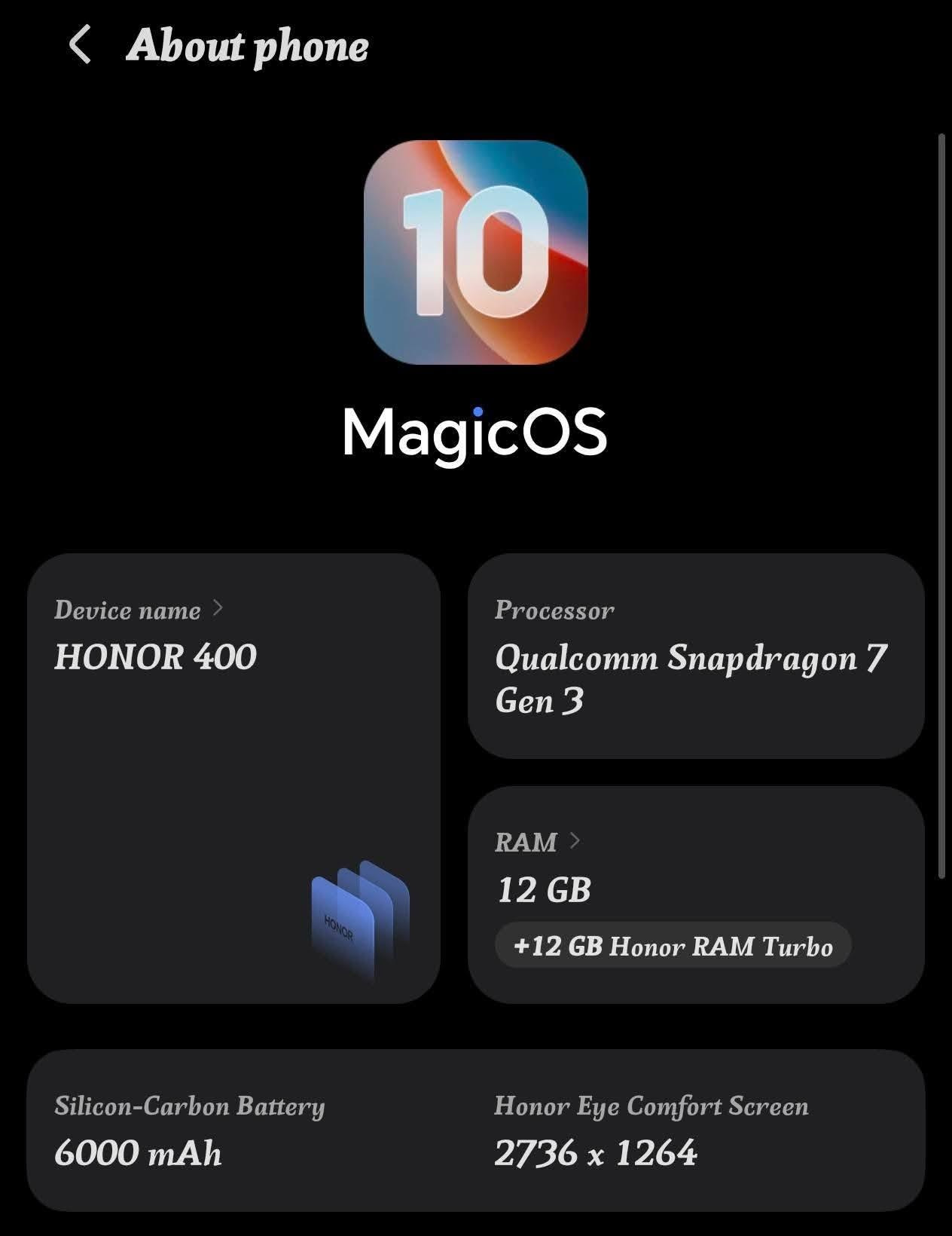 HONOR 400
السلام عليكم ورحمه الله وبركاته 

هونر 400 نظيف جدا عدا ضربه من الاعلى صغيره جدا

كامل ملحقات اصلية غير مصلح 
400.000 الف بي مجال قليل

بغداد . كرخ . حي الاعلام . شارع البدالة

***********

تجي تفحص اجيك كلشي قبل الدفع

مواصفاته مذكوره بالصور 

لا يوجد توصيل

نص مكتوب في الصور:
- About phone 10 MagicOS Device name > HONOR 400 Processor Qualcomm Snapdragon 7 Gen 3 RAM > 12 GB +12 GB Honor RAM Turbo Silicon-Carbon Battery 6000 mAh Honor Eye Comfort Screen 2736 x 1264