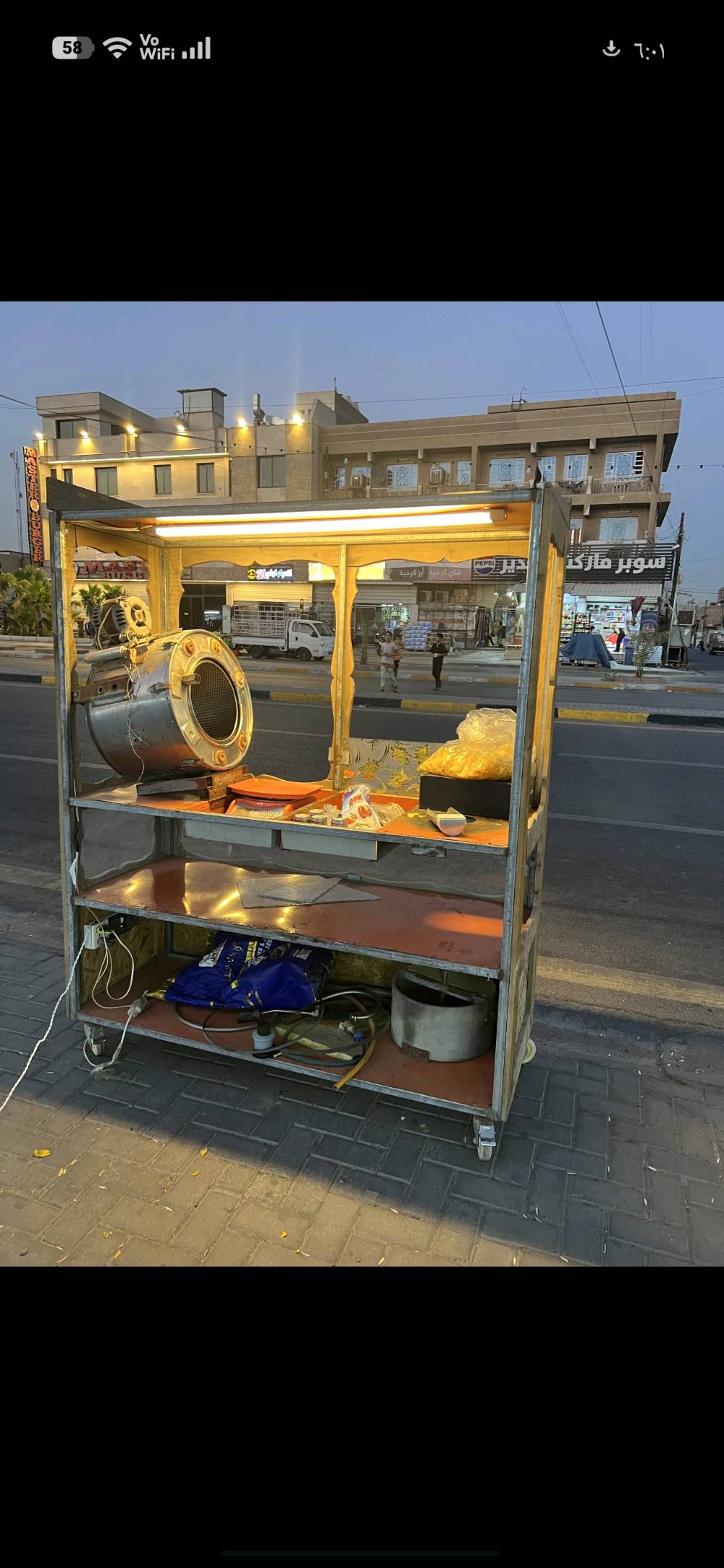 عربانه مع ماكنه حب +ماكنه شاميه وحتى جبس وهواي شغلات كامله اضائه كهربائيات نشره ميزان كامله مكمله اغسلها وفتح مكانها بغداد البياع حي العامل سعرها350