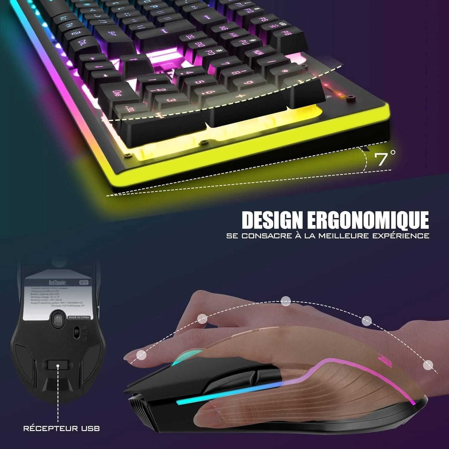 جدید شحن تایب سی لید RGB پتاریە کبیر ماوس کیورد

نص مكتوب في الصور:
- KIT SANS FIL RECHARGEABLE TROIS GROUPES D'EFFET DE LUMIÈRE ARC-EN-CIEL RAINBOW LED LIGHT USB CHARGING 2.4GHz WIRELESS CONNECT 19 KEYS NOT CONFLICT MECHANICAL FEELING
- SUPER DURÉE DE VIE DE LA BATTERIE SUITE DE JEU RECHARGEABLE 3000mA CLAVIER 800mA SOURIS
- 7° DESIGN ERGONOMIQUE SE CONSACRE À LA MEILLEURE EXPÉRIENCE RÉCEPTEUR USB