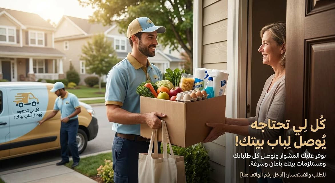 السلام عليكم 
أي نوع من الطلبات تحتاجه، كل اللي تحتاجه يوصل لباب بيتك! نوفر عليك المشوار ونوصل كل طلباتك ومستلزمات بيتك بأمان وسرعة. للطلب، اتصل على هذا الرقم: ***********

نص مكتوب في الصور:
- توصيل سريع - كافة الطلبات للمنزل DELIVERY - We deliver to your home
- كُل لي تحتاجه يُوصل لباب بيتك!
- نوفر عليك المشوار ونوصل كل طلباتك ومستلزمات بيتك بأمان وسرعة.
- للطلب والاستفسار: [أدخل رقم الهاتف هنا]