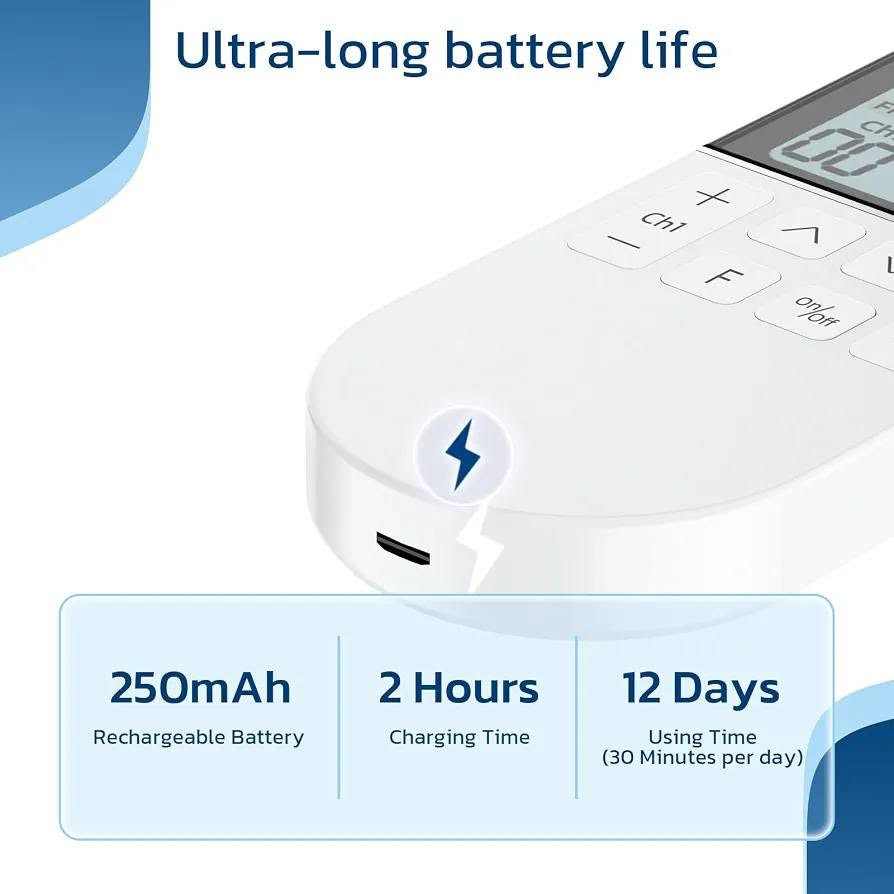 #محفز عضلات
#السعر 9 الاف

نص مكتوب في الصور:
- TENS+EMS+FITNESS 3 IN 1
- Independent Dual Channel
- 50 Massage Modes
- 16 Levels of Intensity
- Extra-long Use Time
- Timer Function
- Clear screen, easy to operate 3 Selectable Modes Channel 1 Intensity Program Adjust Intensity Adjust + Intensity Adjust - Mode Switch /Timer Switch (Long press) Current Program Quantity of Electric Frequency Channel 2 Intensity Timer ON/OFF
- Package Contents
- 10 x Electrode Pads (50*50mm)
- 1 x TENS Massage Device
- 1 x Micro USB Cable
- 2 x Lead Wire
- 1 x Storage Case
- 1 x User Manual
- Ultra-long battery life 250mAh Rechargeable Battery 2 Hours Charging Time 12 Days Using Time (30 Minutes per day)
- More Than 100 Times Reusable Non-woven Fabric Conductive Layer Terminals Conductive Carbon Film High Quality Gel
- Suitable for Body Areas Shoulder Back Legs Arms