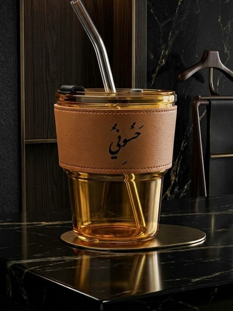 كوب باسمك • غلاف جلدي • هدية فاخرة