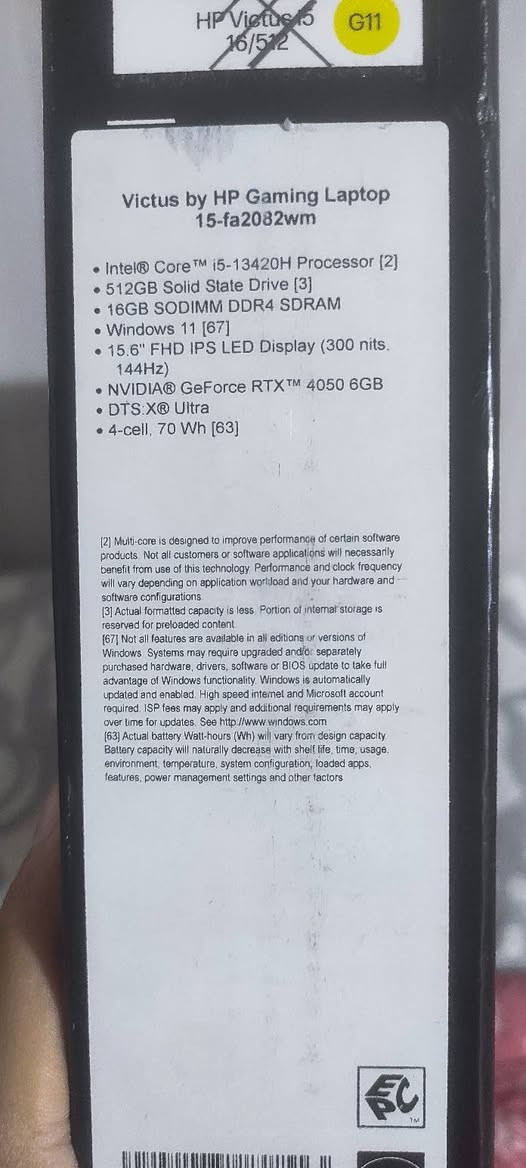 💻 HP Victus 15- Gaming
المواصفات:

 المعالج: intel i5 13420 H

كرت الشاشة: NVIDIA GeForce RTX 4050 6GB 

 الرام: 16GB DDR5 

 التخزين: SSD NVMe 512GB

 الشاشة: 15.6 بوصة FHD IPS – 144Hz 

⌨️ كيبورد بإضاءة خلفية (Backlit)

⚙️ النظام: Windows 11 أصلي

📦 الحالة: نظيف جداً  /  الجهاز داخل ضمان من الشركة ينتهي يوم 2027/3/13

🔌 الشاحن الأصلي موجود
عنوان بغداد الجديدة يوجد توصيل

السعر مليون و50 

للتواصل : ***********
