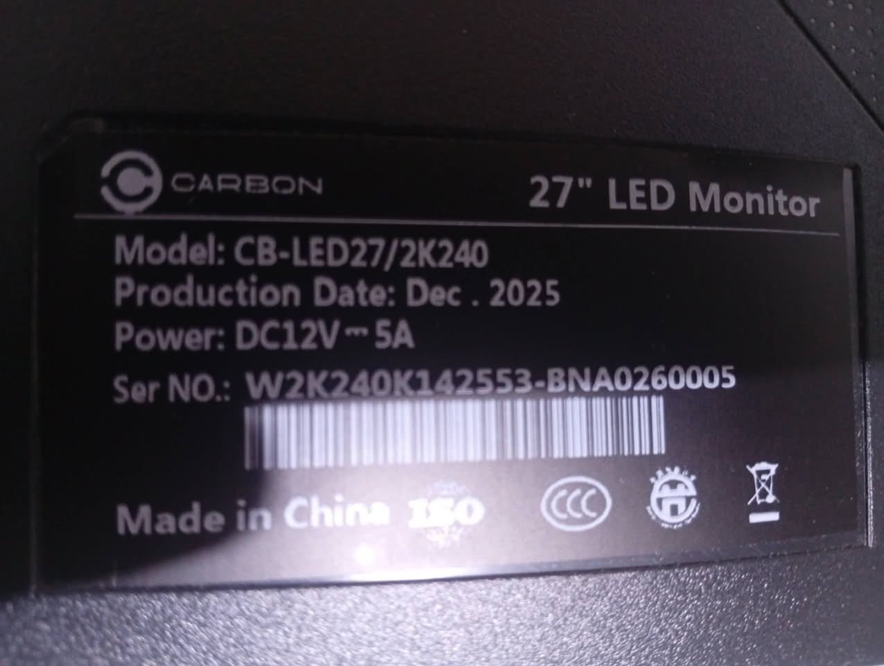 السلام عليكم شاشه CARBON استخدام شهر واحد فقط
27" LED Monitor

Model: CB-LED27/2K  هرتز240

Production Date: Dec. 2025

Power: DC12V-5A
السعر 275
العنوان بصرة المعقل 
وعندي توصيل الجميع المحافظات
رقمي ***********

