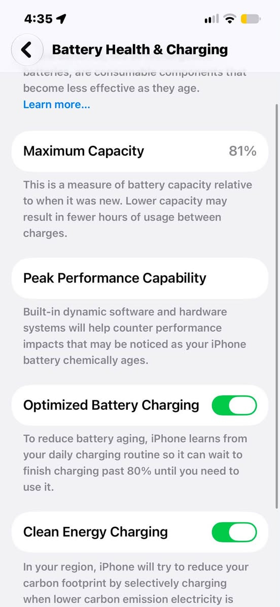 السلام عليكم
للبيع iPhone 13

• سعة 128GB
• يدعم 5G
• Face ID شغال
• الكاميرات كلها شغالة
• السماعات والمايك شغالات
• بطارية 81%
• الجهاز بحالة جيدة جداً
• يوجد خدش بسيط جداً بالشاشة
• iCloud مفتوح وجاهز للمستخدم الجديد
• بدون كارتون + مكفول من كلشي السعر 420وبي مجال لل شراي

للاستفسار مراسلة واتساب فقط ***********

نص مكتوب في الصور:
- 4:35
- Battery Health & Charging
- Batteries, are consumable components that become less effective as they age.
- Learn more...
- Maximum Capacity
- 81%
- This is a measure of battery capacity relative to when it was new. Lower capacity may result in fewer hours of usage between charges.
- Peak Performance Capability
- Built-in dynamic software and hardware systems will help counter performance impacts that may be noticed as your iPhone battery chemically ages.
- Optimized Battery Charging
- To reduce battery aging, iPhone learns from your daily charging routine so it can wait to finish charging past 80% until you need to use it.
- Clean Energy Charging
- In your region, iPhone will try to reduce your carbon footprint by selectively charging when lower carbon emission electricity is
- 4:35 Ringer Name iPhone > iOS Version 27.0 > Model Name iPhone 13 Model Number MLND3J/A Serial Number P27FD2T472 Coverage Expired Songs 0 Videos 9 Photos 113 Applications 28 Capacity 128 GB