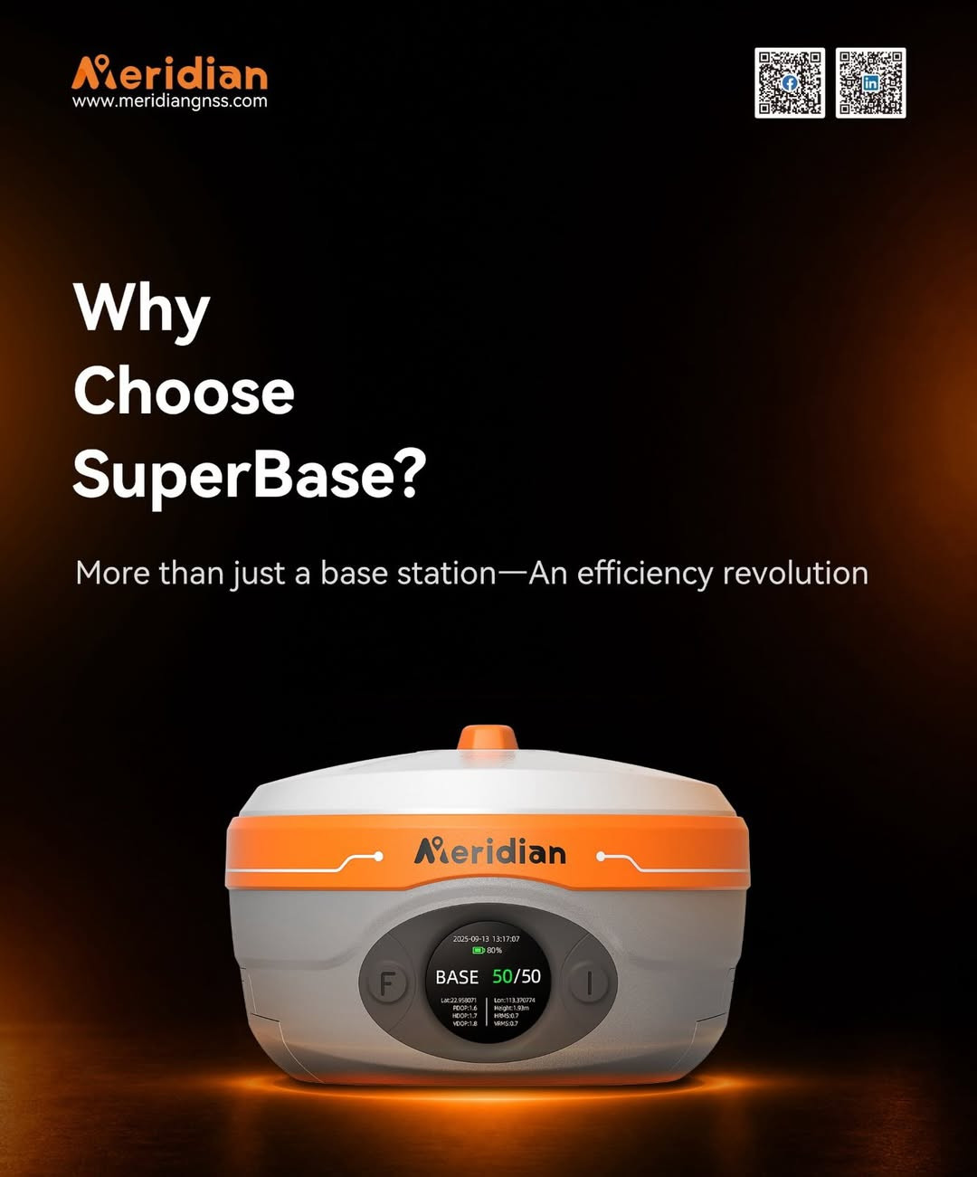 Meridian Super Base
🔥 تميّز مع البيس الجديد من Meridian — Super Base 🔥
جيل جديد يجمع بين الدقة العالية، والجودة العالية، وقوة الأداء، التقنيات الحديثة ووقت التشغيل الطويل، ومصمم للأعمال المساحية الاحترافية والظروف الميدانية الصعبة مثل درجات الحرارة العالية والامطار 🛰️
✨ أبرز المواصفات:
🔹 شاشة لمس ملونة HD قياس 1.39 بوصة.
🔹 يدعم خاصية Tilt، بدقة تصل إلى ≤2cm عند ميل 60°.
🔹 يدعم تقنية PPP يعني اذا كنت في مكان ولا يوجد لديك نقطة معلومة ولا يوجد لديك كورس ستيشن تستطيع ان تولد نقطة معلومة بدقة 3CM فصاعد هذئي الخدمة مجانية لا تحتاج كورس ستيشن او نقطة معلومة  
🔹 يدعم BDS B2b PPP و Galileo HAS.
🔹 البيس في وضع الراديو الداخلي يقطي مسافة 35km  يعني لا تحتاج الى راديو خارجي او كورس ستيشن 
🔹 دقة mm 
🔹 معدل تحديث يصل إلى 20Hz.
🔋 بطارية قابلة للإزالة بسعة 7000mAh: • يطول الشحن اثناء العمل 15 ساعة في وضع 5w  أما إذا 2w الشحن يدون   ثلاث ايام عمل 
• يعطي 50 ساعة عند استخدامه كـ RTK Rover.
• يعطي 77 ساعة في وضع Static، 
🔹 يدعم الشحن السريع USB PD.
🔹 يدعم 4G LTE + SIM Card + Wi-Fi + Bluetooth 5.2.
🌐 يمكن استخدامه ككورس ستيشن نضع شريحة داخل البيس فيها انترنيت  ونعطي للروفرات نت Rover يعطي مسافة 300km ضمن دقة محددة يعني بعد ما تحتاج كورس ستيشن 
🔹 مرونة في الاتصال والعمل مع أجهزة وبراندات مختلفة يعمل مع كل براندات 
🔹 ذاكرة داخلية 32GB مع دعم سعة تصل إلى 64GB.
🔹 حماية IP68 لمقاومة الماء والغبار.
🔹 درجة حرارة التشغيل من -40°C إلى +85°C.
🔹 يتحمل السقوط على الخرسانة من ارتفاع يصل إلى 2 متر.                       مكتب المقياس الهندسي الوكيل الحصري في بغداد  ***********-***********

نص مكتوب في الصور:
- Meridian www.meridiangnss.com Because It Is Built for Long Operation Dual removable 7000mAh lithium batteries RTK Base runtime: Up to 15 hours (5W mode)
- Meridian www.meridiangnss.com Because It Delivers True Long-Range Communication Up to 35 km working range
- Meridian www.meridiangnss.com Why Choose SuperBase? More than just a base station-An efficiency revolution
- Meridian www.meridiangnss.com Because It Is Smarter and Easier to Use 1.39-inch HD touchscreen, real-time status monitoring, 2 physical buttons, convenient operation.
- Meridian www.meridiangnss.com Because It Truly Understands Surveyors One-Person Deployment
