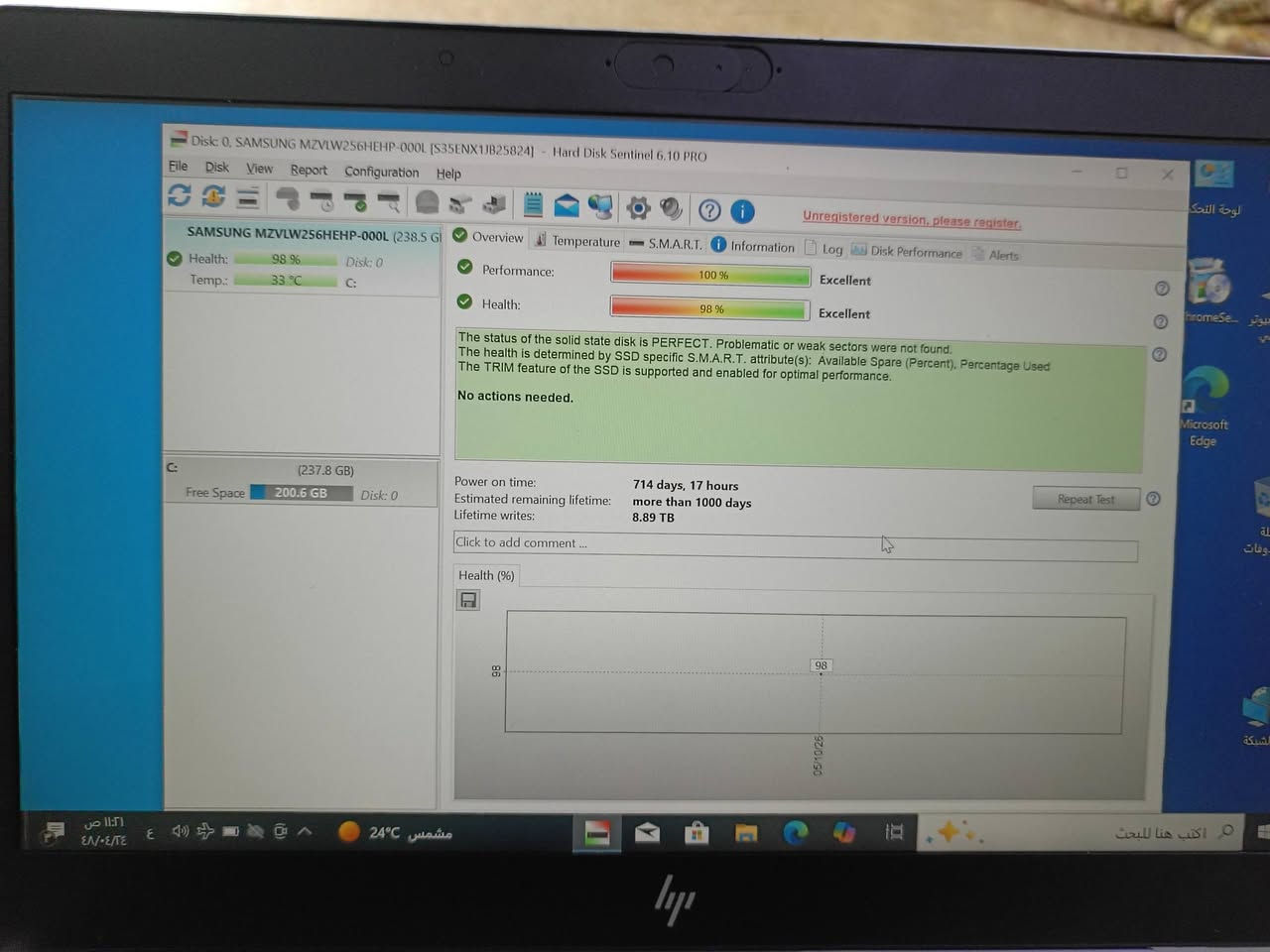 لابتوب للبيع نوع hp
السعر 180 وبي مجال بسيط التفاصيل بالصور المكان الموصل للتواصل واتساب ***********

نص مكتوب في الصور:
- Disk: 0, SAMSUNG MZVLW256HEHP-000L [S35ENX1JB25824] - Hard Disk Sentinel 6.10 PRO
- File Disk View Report Configuration Help
- Unregistered version, please register.
- SAMSUNG MZVLW256HEHP-000L (238.5 GiOverview Temperature S.M.A.R.T. Information Log Disk Performance Alerts
- Health: 98 % Disk: 0
- Temp.: 33 °C C:
- Performance: 100 %
- Health: 98 %
- Excellent
- The status of the solid state disk is PERFECT. Problematic or weak sectors were not found.
- The health is determined by SSD specific S.M.A.R.T. attribute(s): Available Spare (Percent), Percentage Used
- The TRIM feature of the SSD is supported and enabled for optimal performance.
- No actions needed.
- C: (237.8 GB)
- Free Space 200.6 GB Disk: 0
- Power on time: 714 days, 17 hours
- Estimated remaining lifetime: more than 1000 days
- Lifetime writes: 8.89 TB
- Click to add comment ...
- Repeat Test
- Health (%)
- 98
- 05/10/26
- الإعدادات الصفحة الرئيسية العثور على إعداد النظام جهاز العرض صوت الإشعارات والإجراءات مساعدة التركيز الطاقة وحالة السكون البطارية مساحة التخزين كمبيوتر لوحي معالجة متعددة العرض على هذا الكمبيوتر اكتب هنا للبحث حول تتم مراقبة الكمبيوتر وحمايته. راجع التفاصيل في أمن Windows ذاكرة RAM المثبتة ٨,٠٠ غيغابايت المعالج AMD Ryzen 5 PRO 3500U w/ Radeon Vega Mobile Gfx السرعة: ٢٤٠٠ ميغا هرتز 2.10 GHz بطاقة الرسومات 2 GB AMD Radeon(TM) Vega 8 Graphics مساحة التخزين 238 GB تم استخدام ۳۷ GB من ۲۳۸ GB إعادة تسمية هذا الكمبيوتر نسخ مواصفات الجهاز اسم الجهاز DESKTOP-Q3M06F9 HP EliteBook 745 G6 QEB20208 اسم الجهاز DESKTOP-Q3M06F9 المعالج AMD Ryzen 5 PRO 3500U w/ Radeon Vega Mobile Gfx 2.10 GHz
- الصفحة الرئيسية العثور على إعداد النظام جهاز العرض صوت الإشعارات والإجراءات مساعدة التركيز الطاقة وحالة السكون البطارية مساحة التخزين كمبيوتر لوحي معالجة متعددة العرض على هذا الكمبيوتر اكتب هنا للبحث الإعدادات حول تتم مراقبة الكمبيوتر وحمايته. راجع التفاصيل في أمن Windows الإعدادات المرتبطة تغيير مفتاح المنتج أو ترقية إصدار Windows قراءة شروط ترخيص برامج Microsoft إعدادات BitLocker إدارة الأجهزة سطح مكتب بعيد حماية النظام إعدادات النظام المتقدمة إعادة تسمية جهاز الكمبيوتر الشخصي هذا (متقدم) الحصول على مساعدة تقديم تعليقات ذاكرة RAM المثبتة ٨,٠٠ غيغابايت السرعة: ٢٤٠٠ ميغا هرتز المعالج AMD Ryzen 5 PRO 3500U w/ Radeon Vega Mobile Gfx 2.10 GHz بطاقة الرسومات 2 GB AMD Radeon(TM) Vega 8 Graphics مساحة التخزين 238 GB GB من ٢٣٨ GB تم استخدام ٣٧ GB إعادة تسمية هذا الكمبيوتر نسخ مواصفات الجهاز اسم الجهاز DESKTOP-Q3MO6F9 HP EliteBook 745 G6 QEB2020B اسم الجهاز DESKTOP-Q3MO6F9 المعالج AMD Ryzen 5 PRO 3500U w/ Radeon Vega Mobile Gfx 2.10 GHz انخفاض درجات الحرارة ١١:٢٣ ص ٤٨/٠٤/٢٤
- إعادة تسمية هذا الكمبيوتر
- نسخ
- مواصفات الجهاز
- HP EliteBook 745 G6 QEB2020B
- DESKTOP-Q3MO6F9
- اسم الجهاز
- المعالج
- AMD Ryzen 5 PRO 3500U w/ Radeon Vega Mobile Gfx
- 2.10 GHz
- ذاكرة RAM المثبتة
- 8.00 غيغابايت (0.90 غيغابايت مستخدم)
- بطاقة الرسومات
- AMD Radeon(TM) Vega 8 Graphics (2 GB)
- مساحة التخزين
- 238 GB SSD SAMSUNG MZVLW256HEHP-000L7
- معرف الجهاز
- FED0183BA-7755-4D83-8702-D81A903E5679
- معرّف المنتج
- 00330-53296-35714-AAOEM
- نوع النظام
- نظام تشغيل بإصدار 64 بت ومعالج يستند إلى x64
- القلم واللمس
- لا يتوفر إدخال باللمس أو بالقلم لجهاز العرض هذا
- الأسئلة المتكررة
- كيف يؤثر وجود ٤-٨ غيغابايت من ذاكرة الوصول العشوائي على أداء الكمبيوتر؟ هل يمكنني تشغيل التطبيقات الحديثة بسلاسة باستخدام سعة RAM هذه؟