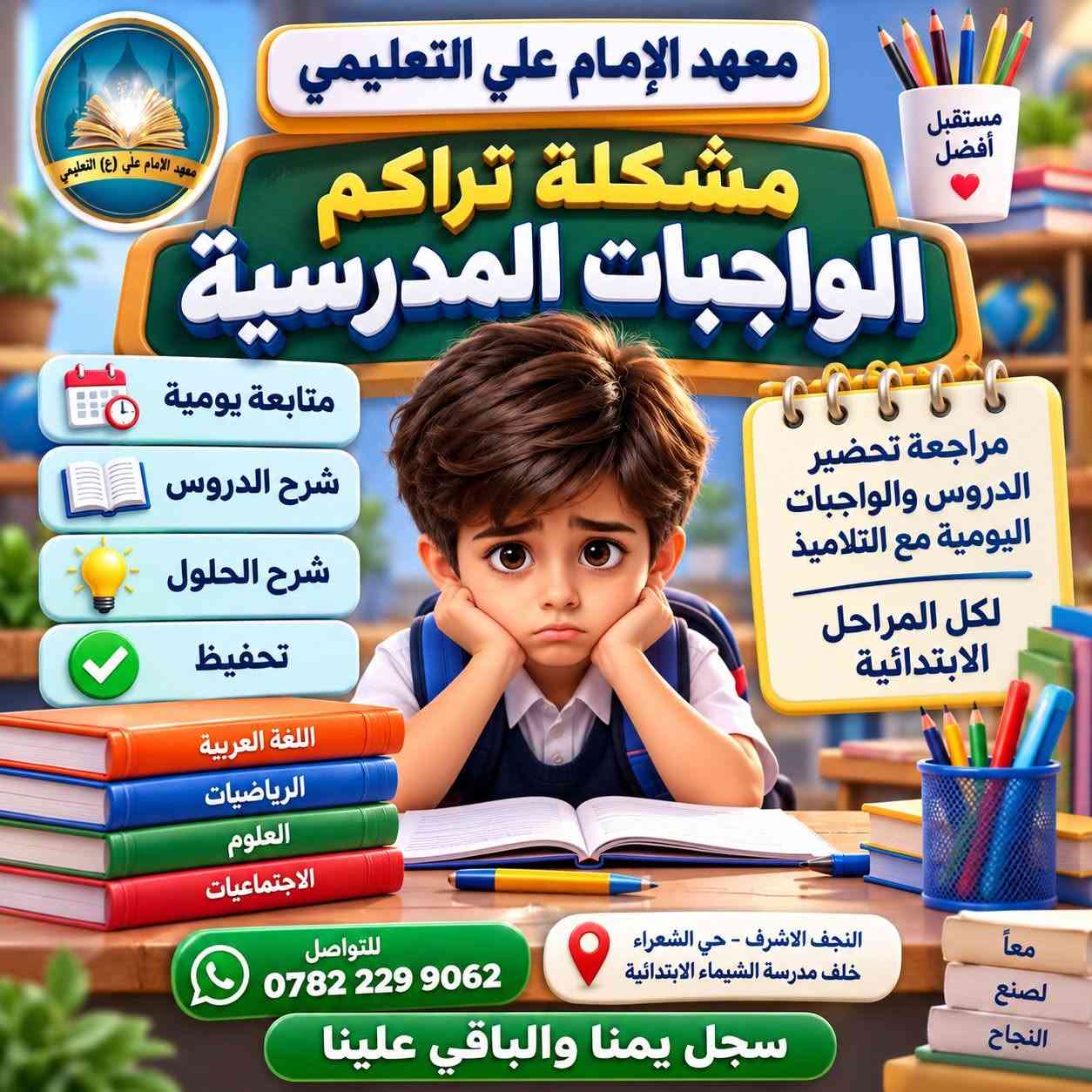 ✨ بُشرى لطلابنا الأعزاء للعام الدراسي 2026–2027 

يعلن معهد الإمام علي عليه السلام التعليمي عن فتح باب التسجيل في الحقيبة الدراسية المتكاملة لطلاب المرحلتين الابتدائية والمتوسطة 

الحقيبة تشمل:
 🔹 شرحًا مفصلًا ومبسطًا لجميع المواد
🔹 مناهج كاملة وفق المقرر الدراسي
🔹 متابعة مستمرة لمستوى الطالب
🔹 اختبارات وواجبات ومراجعات دورية
🔹 تقوية نقاط الضعف ورفع المستوى الدراسي
🔹 متابعة الطالب طوال العام الدراسي 🌟

 هدفنا مو بس إكمال المنهج… هدفنا الفهم، المتابعة، والتميّز من بداية السنة إلى نهايتها.

العام الدراسي 2026–2027
 للحجز والتسجيل عبر الواتساب: ***********

 معهد الإمام علي عليه السلام التعليمي
✨ معًا نصنع النجاح والتفوق ✨
