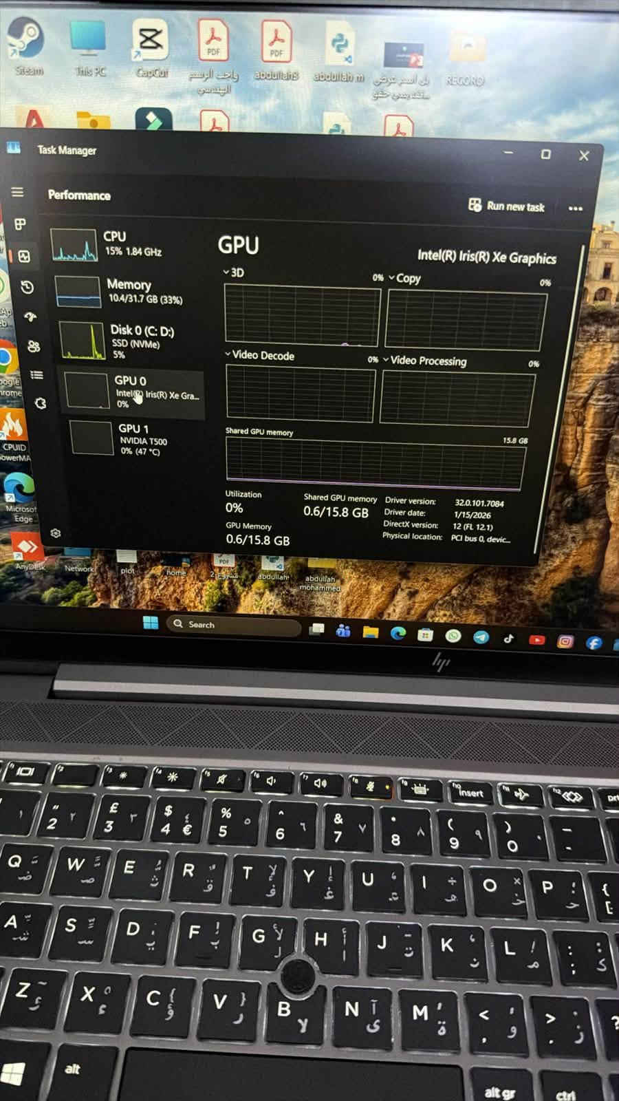 السلام عليكم لابتوب HB ZBOOK حجم الشاشه 15.6 

• المعالج: Intel Core i7-1165G7
• عدد الأنوية والمشارات: 4Cores / 8Threads - 12MB Cache
• الرام: 32GB DDR4
• التخزين: 512GB NVMe SSD (SK hynix)
• كرت الشاشة المنفصل: NVIDIA T500 (4GB)
• كرت الشاشة المدمج: Intel Iris Xe Graphics
السعر 850 الف مكاني بغداد الغدير 
تواصل ***********

نص مكتوب في الصور:
- Task Manager
- Performance
- CPU
- 9% 1.63 GHz
- Memory
- 10.1/31.7 GB (32%)
- Disk 0 (C: D:)
- SSD (NVMe)
- 3%
- GPU 0
- Intel(R) Iris(R) Xe Gra...
- 0%
- GPU 1
- NVIDIA T500
- 0% (49 °C)
- 32.0 GB DDR4
- 31.7 GB
- Memory usage
- 60 seconds
- Memory composition
- In use (Compressed)
- 10.1 GB (20.9 MB)
- Available
- 21.5 GB
- Speed:
- 2667 MT/s
- Slots used:
- 2 of 2
- Form factor:
- SODIMM
- Committed
- 9.1/33.7 GB
- Cached
- 4.5 GB
- Hardware reserved:
- 320 MB
- Paged pool
- 448 MB
- Non-paged pool
- 783 MB
- Run new task
- Search
- Task Manager Performance Run new task CPU 6% 2.11 GHz Memory 10.1/31.7 GB (32%) Disk 0 (C: D:) SSD (NVMe) 4% GPU 0 Intel(R) Iris(R) Xe Gra... 0% GPU 1 NVIDIA T500 0% (49 °C) CPU 11th Gen Intel(R) Core(TM) i7-1165G7 @ 2.80GHz % Utilization 100% 60 seconds 0 Utilization 6% Speed 2.11 GHz Base speed: 2.80 GHz Sockets: 1 Cores: 4 Processes Threads Handles Logical processors: 8 275 4790 123874 Virtualization: Enabled Up time L1 cache: 320 KB 11:01:55:19 L2 cache: 5.0 MB L3 cache: 12.0 MB Search Steam This PC CapCut PDF PDF m abdullah abdullah m في السعر عرضى ... واجب الرسم الهندسي مصطفى يحيى حقوق A Anydesk Network plot home 2 مشروع abdullah abdullah mohammed
- Steam This PC CapCut واجب الرسم الهندسي abdullah abdullah m من ااسمر عرضي تسجيل شاشق RECORD Task Manager Performance Run new task CPU 19% 2.81 GHz Memory 10.1/31.7 GB (32%) Disk 0 (C: D:) SSD (NVMe) 2% GPU 0 Intel(R) Iris(R) Xe Gra... 0% GPU 1 NVIDIA T500 0% (49 °C) Disk 0 (C: D:) SK hynix PC711 HFS512GDE9X073N Active time 100% 60 seconds Disk transfer rate 100 MB/s 60 MB/s 60 seconds Active time 2% Average response time 2.5 ms Read speed 205 KB/s Write speed 754 KB/s Capacity: 477 GB Formatted: 477 GB System disk: Yes Page file: Yes Type: SSD (NVMe) WhatsApp Web Google Chrome CPUID powerMA Microsoft Edge AnyDesk network plot home pdf abdullah abdullah mohammed Q Search
- 15% 1.84 GHz
- 10.4/31.7 GB (33%)
- 5%
- 0% (47 °C)
- GPU
- Intel(R) Iris(R) Xe Graphics
- 3D
- Copy
- Video Decode
- Video Processing
- Shared GPU memory
- 15.8 GB
- Utilization
- GPU Memory
- 0.6/15.8 GB
- Driver version:
- Driver date:
- DirectX version:
- Physical location:
- 32.0.101.7084
- 1/15/2026
- 12 (FL 12.1)
- PCI bus 0, devic...