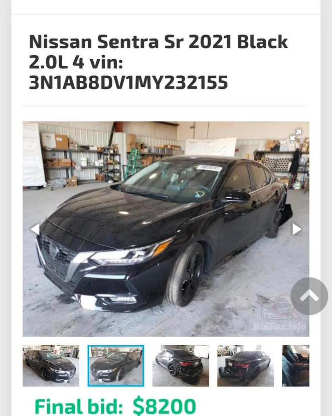 اعلى شي نيسان سنترا SR 2021 فول 1/1
الي على باب الله ياخذها 
محرك 2000 ماشية 26 الف 

فول مواصفات السيارة 
فتحة سقف سلايد
نقط عمياء
رادار أمامي خلفي
كاميرات 360 درجة
تدفئة مقاعد للسائق والراكب 
تدفئة استيرن
مقعد كهربائي مقاعد جلد
تبريد بيانو
شاشة العداد كبيرة+شاشة المسجل
نظام صوتي من شركة Bose
دوسات وويل رياضي بلادي

🟥 سعر سوي تعليق تصلك رسالة 💌
ضربه جاملغ خلفي سطحي
بجم كبس

رقم هاتف ***********

نص مكتوب في الصور:
- Nissan Sentra Sr 2021 Black 2.0L 4 vin: 3N1AB8DV1MY232155 Final bid: $8200