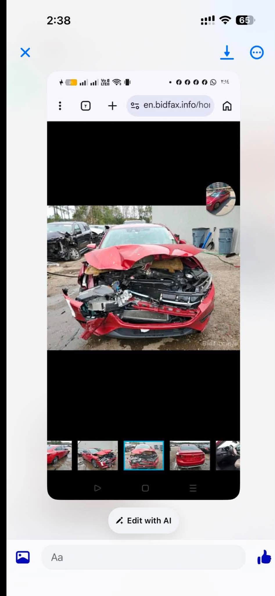 السلام عليكم ((((تم تنزيل السعر من 125الى110 بسبب السفر ))))هوندا انسايت هايبرد فئة تورنك موديل 2021فول مواصفات ⚡️وكلشي بيها شغال ✅
السيارة حادثها جاملغ اليمين امامي صور السونار موجوده
مرفق في المنشور ✅
الي تعجبه السياره يتصل على هذا الرقم *********** ويجي يشوفها
العنوان 📍بغداد قرب مطار بغداد السعر 110وبية مجال بسيط  السيارة حلوه ونضيفة كلش ._____________________________بيع مستعجل 💞
لعرض سيارتك بهاذا الطريقة تواصل معنا عبر صفحتنا 
الثقة لتجارة السيارات وبيعها 🥇 #

نص مكتوب في الصور:
- 2:38 65 2:14 en.bidfax.info/hoi Edit with AI Aa
- 2:38 65 2:14 en.bidfax.info/ho Edit with AI Aa