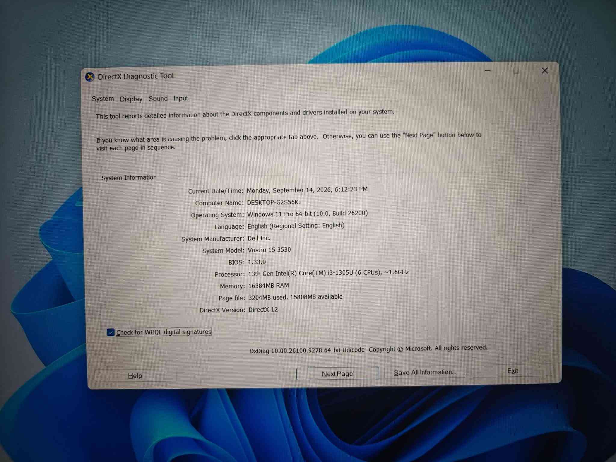 🔥 عرض خاص من ياسر للحاسبات 🔥

💻 Dell Vostro 3530 | الجيل 13

💰 السعر: 420 ألف دينار عراقي فقط

✨ جهاز عملي وأنيق، مناسب للدراسة والعمل والمكاتب والبرمجة والاستخدام اليومي.

📋 المواصفات:
🔹 المعالج: Intel Core i3-1305U – الجيل 13
🔹 الرام: RAM 16GB
🔹 التخزين: SSD 512GB Nvme 
🔹 كرت الشاشة: Intel UHD Graphics
🔹 الشاشة: Display 15.6 إنج

🎁 الملحقات: شاحن أصلي + جنطة

🛡️ ضمان 7 أيام للاستبدال
🚚 يوجد توصيل لجميع محافظات العراق

📱 واتساب: ***********
☎️ اتصال: ***********

نص مكتوب في الصور:
- ياسر للحاسبات جودة عالية - أداء مضمون - أسعار منافسة بيع لابتوبات جديد و مستعمل خدمة ما بعد البيع دعم فني أسعار مناسبة تناسب الجميع ضمان على الأجهزة جودة مضمونة أجهزة مختبرة يوجد توصيل لكافة المناطق WhatsApp: *********** إتصال: ***********
- DirectX Diagnostic Tool
- System Display Sound Input
- This tool reports detailed information about the DirectX components and drivers installed on your system.
- If you know what area is causing the problem, click the appropriate tab above. Otherwise, you can use the "Next Page" button below to visit each page in sequence.
- System Information
- Current Date/Time: Monday, September 14, 2026, 6:12:23 PM
- Computer Name: DESKTOP-G2S56KJ
- Operating System: Windows 11 Pro 64-bit (10.0, Build 26200)
- Language: English (Regional Setting: English)
- System Manufacturer: Dell Inc.
- System Model: Vostro 15 3530
- BIOS: 1.33.0
- Processor: 13th Gen Intel(R) Core(TM) i3-1305U (6 CPUs), ~1.6GHz
- Memory: 16384MB RAM
- Page file: 3204MB used, 15808MB available
- DirectX Version: DirectX 12
- Check for WHQL digital signatures
- DxDiag 10.00.26100.9278 64-bit Unicode Copyright © Microsoft. All rights reserved.
- Help
- Next Page
- Save All Information...
- Exit
- Device
- Drivers
- Name: Intel(R) UHD Graphics
- Manufacturer: Intel Corporation
- Chip Type: Intel(R) UHD Graphics Family
- DAC Type: Internal
- Device Type: Full Display Device
- Approx. Total Memory: 8162 MB
- Display Memory: 128 MB
- Shared Memory: 8034 MB
- DirectX Features
- DirectDraw Acceleration: Enabled
- Direct3D Acceleration: Enabled
- AGP Texture Acceleration: Enabled
- DirectX 12 Ultimate: Disabled
- Notes
- No problems found.
- Main Driver: igdumdim64.dll,igd10iumd64.dll,igd10
- Version: 32.0.101.7085
- Date: 3/3/2026 03:00:00
- WHQL Logo'd: Yes
- Direct3D DDI: 12
- Feature Levels: 12_1,12_0,11_1,11_0,10_1,10_0,9_3
- Driver Model: WDDM 3.2