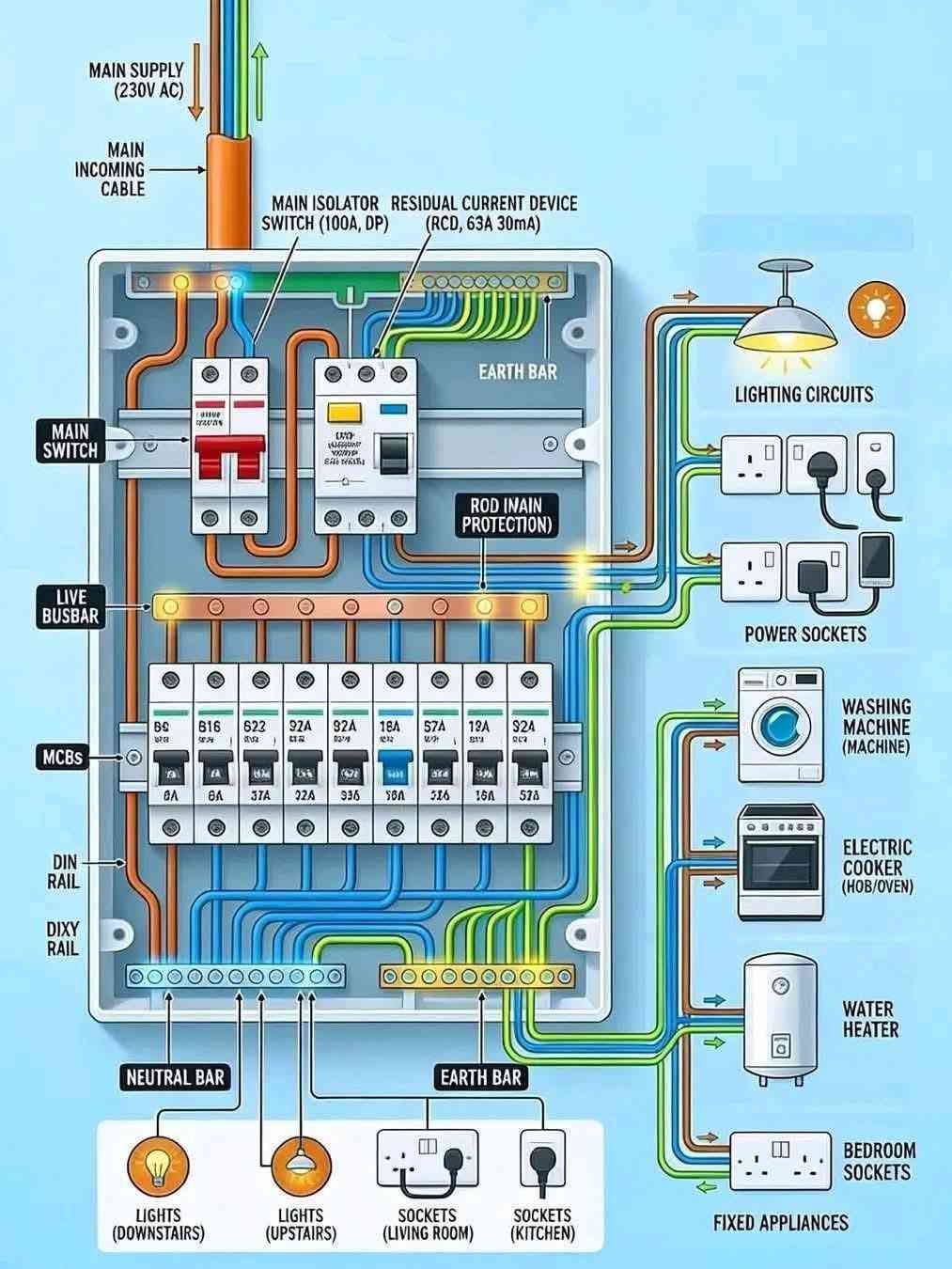 كهربائي منازل عام شعندك عطل او ترميم او ادامة خادم ***********

نص مكتوب في الصور:
- قبل
- بعد
- MAIN SUPPLY (230V AC) MAIN INCOMING CABLE MAIN ISOLATOR SWITCH (100A, DP) RESIDUAL CURRENT DEVICE (RCD, 63A 30mA) EARTH BAR ROD IMAIN PROTECTION) MAIN SWITCH LIVE BUSBAR LIGHTING CIRCUITS POWER SOCKETS WASHING MACHINE (MACHINE) ELECTRIC COOKER (HOB/OVEN) WATER HEATER BEDROOM SOCKETS FIXED APPLIANCES SOCKETS (KITCHEN) SOCKETS (LIVING ROOM) LIGHTS (UPSTAIRS) LIGHTS (DOWNSTAIRS) EARTH BAR NEUTRAL BAR DIXY RAIL DIN RAIL MCBS 69 B16 622 92A 92A 18A 57A 18A S2A 8A 6A 37A 22A 336 50A 326 16A 57A
- وحدة تحكم في مستوى الماء
- خزان المياه
- مضخة
